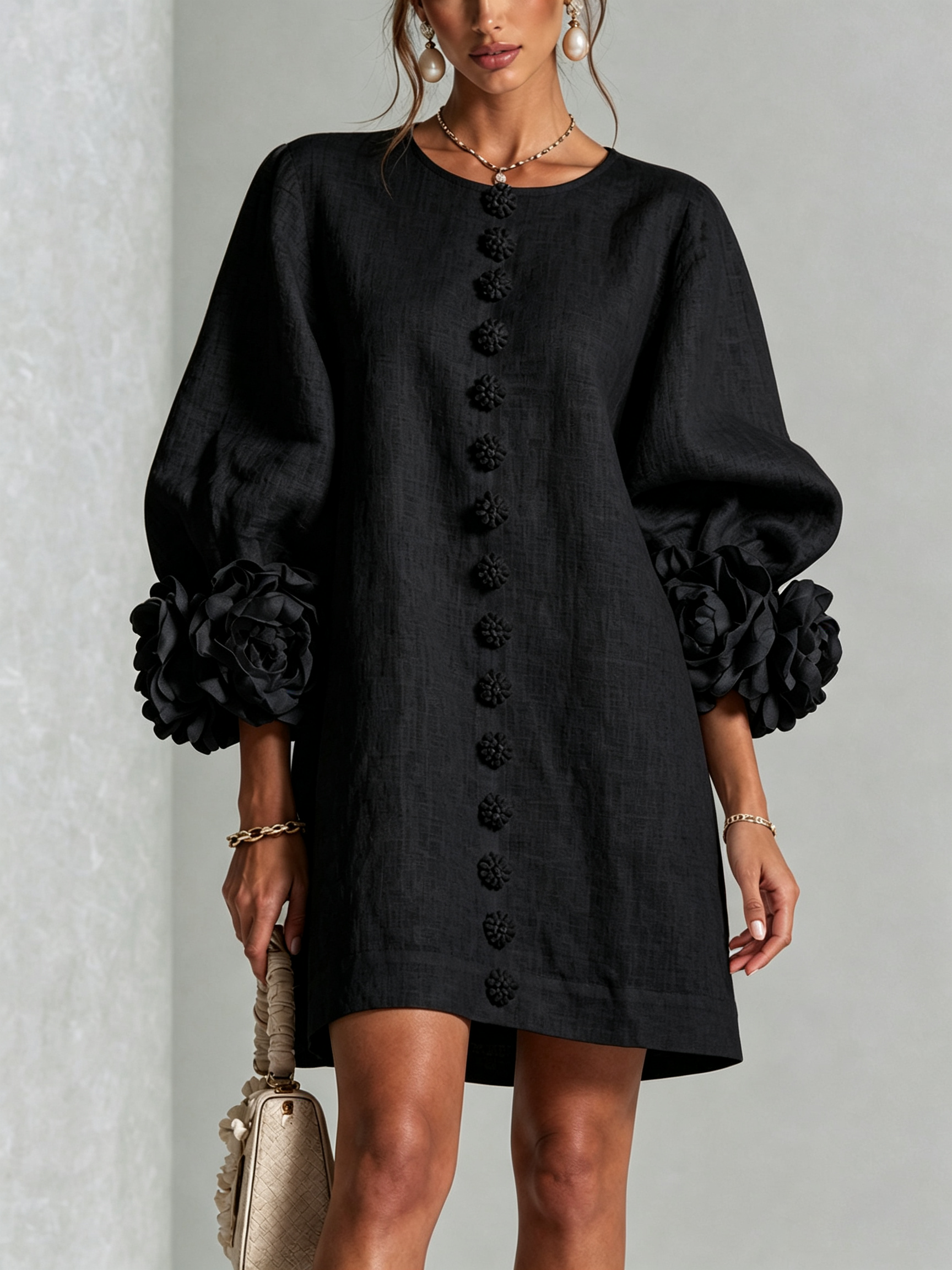 Claire | White Floral Button-down Mini Dress With Striking Floral Cuffs