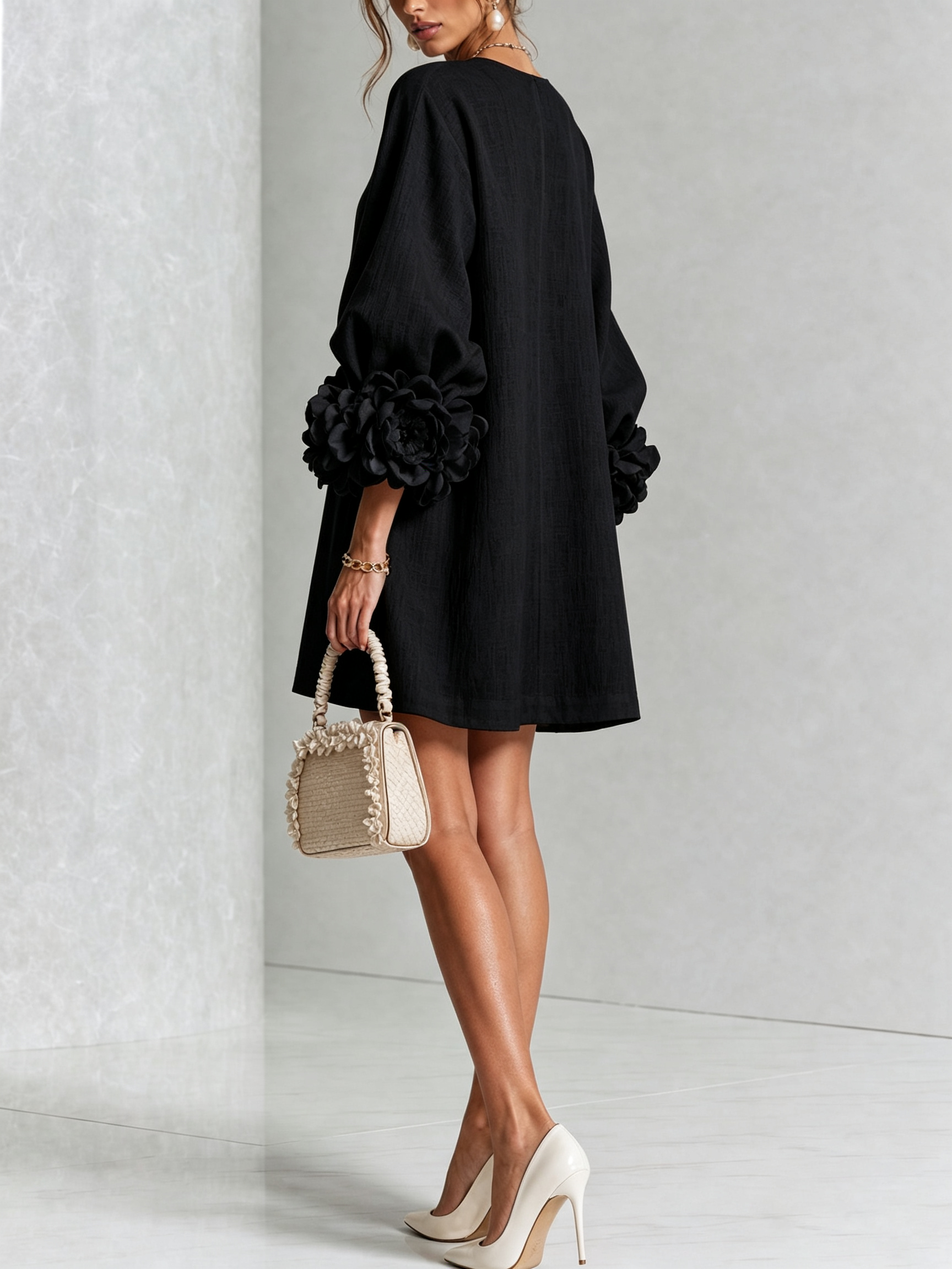 Claire | White Floral Button-down Mini Dress With Striking Floral Cuffs