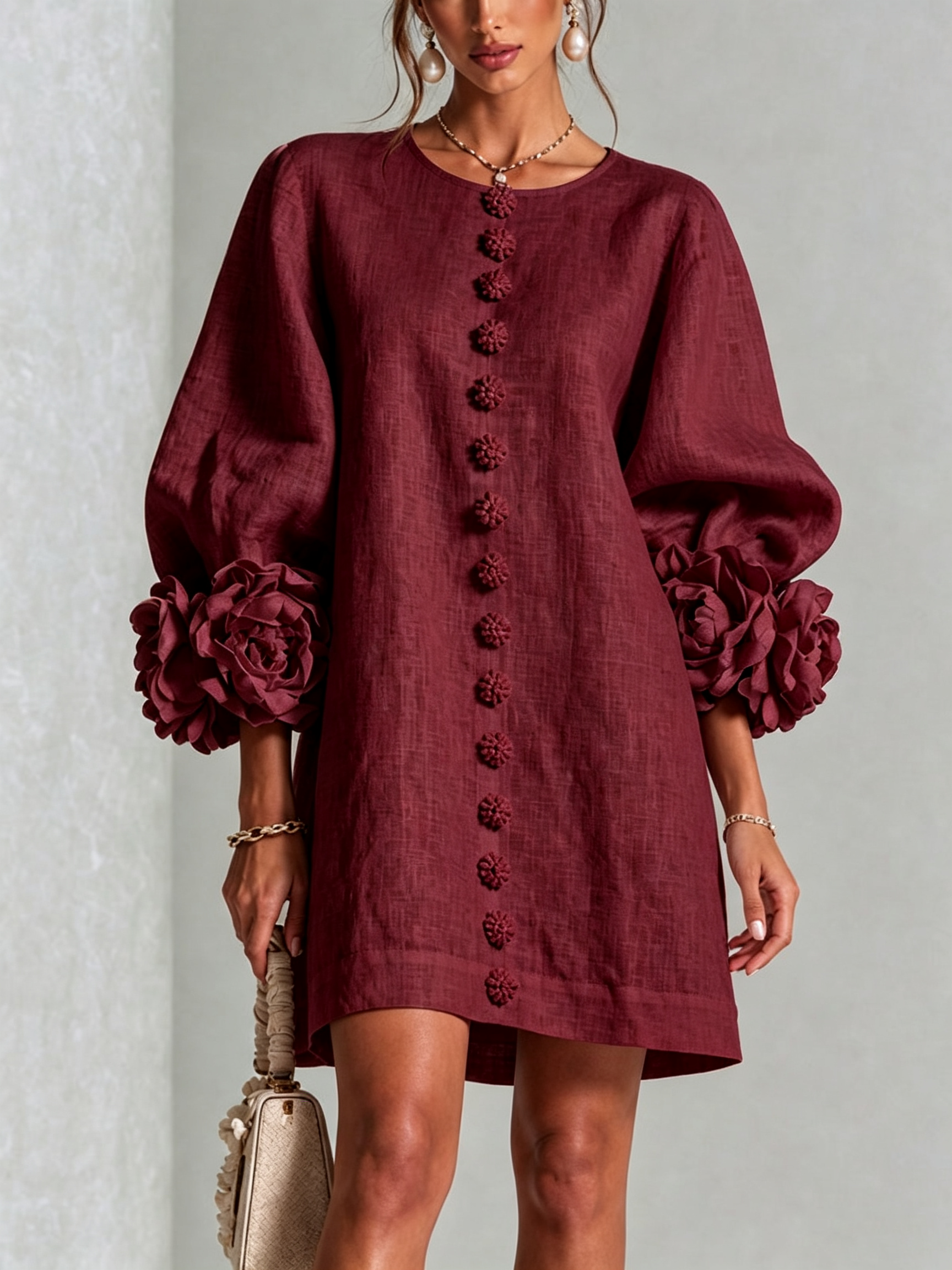 Claire | White Floral Button-down Mini Dress With Striking Floral Cuffs