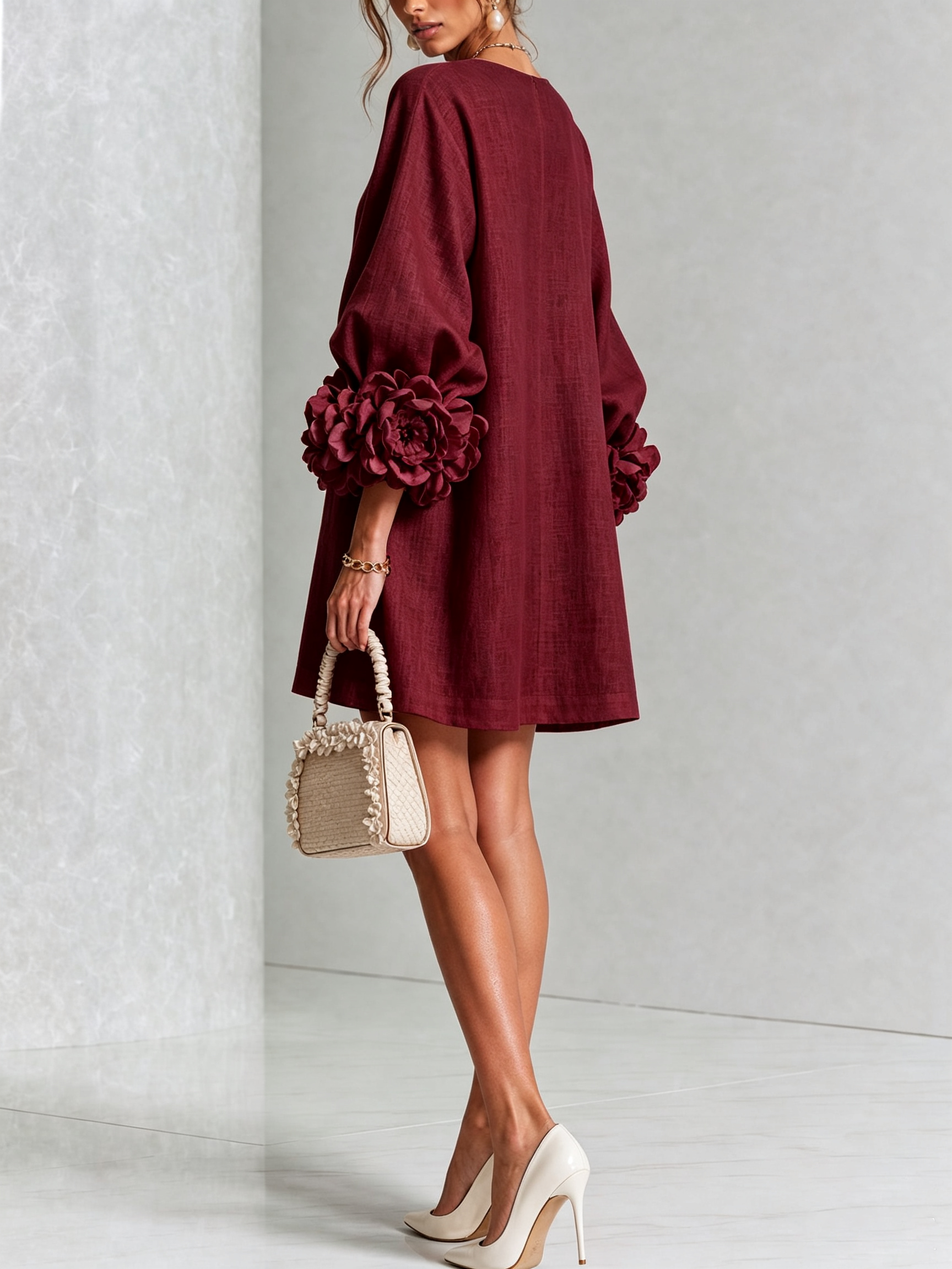 Claire | White Floral Button-down Mini Dress With Striking Floral Cuffs