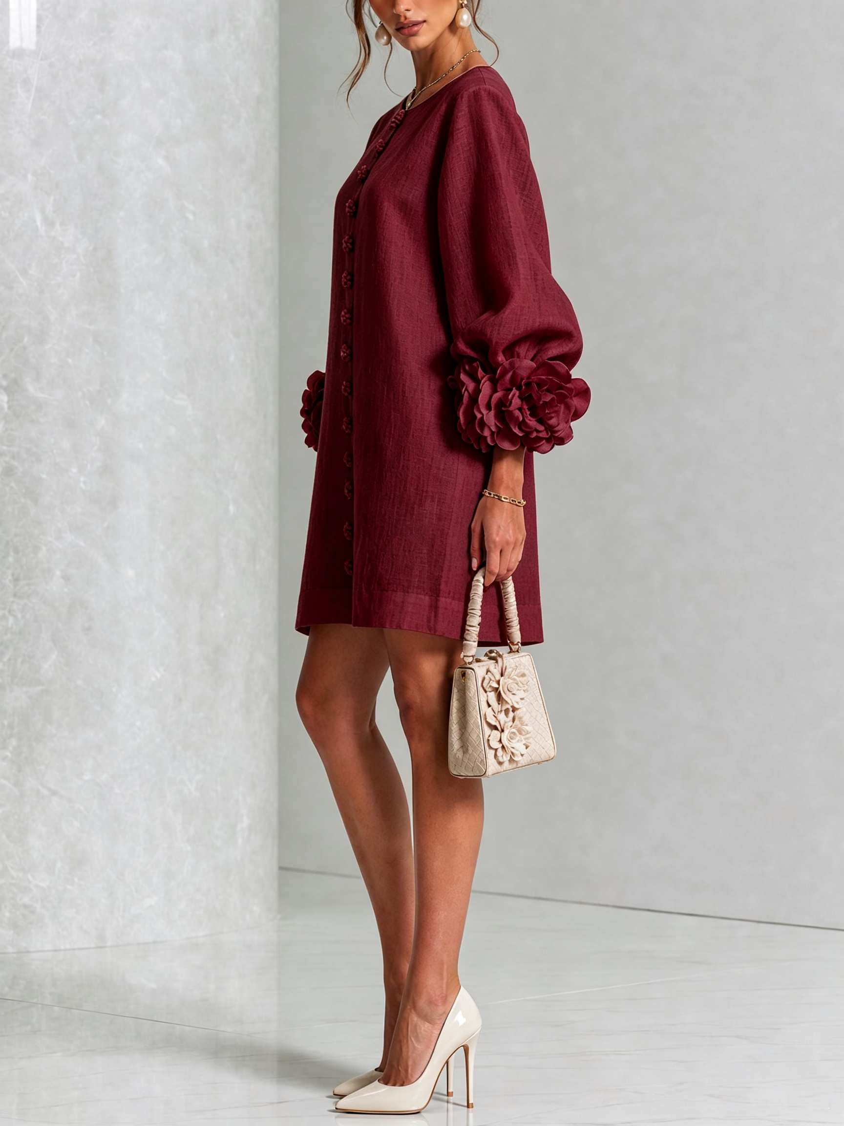 Claire | White Floral Button-down Mini Dress With Striking Floral Cuffs