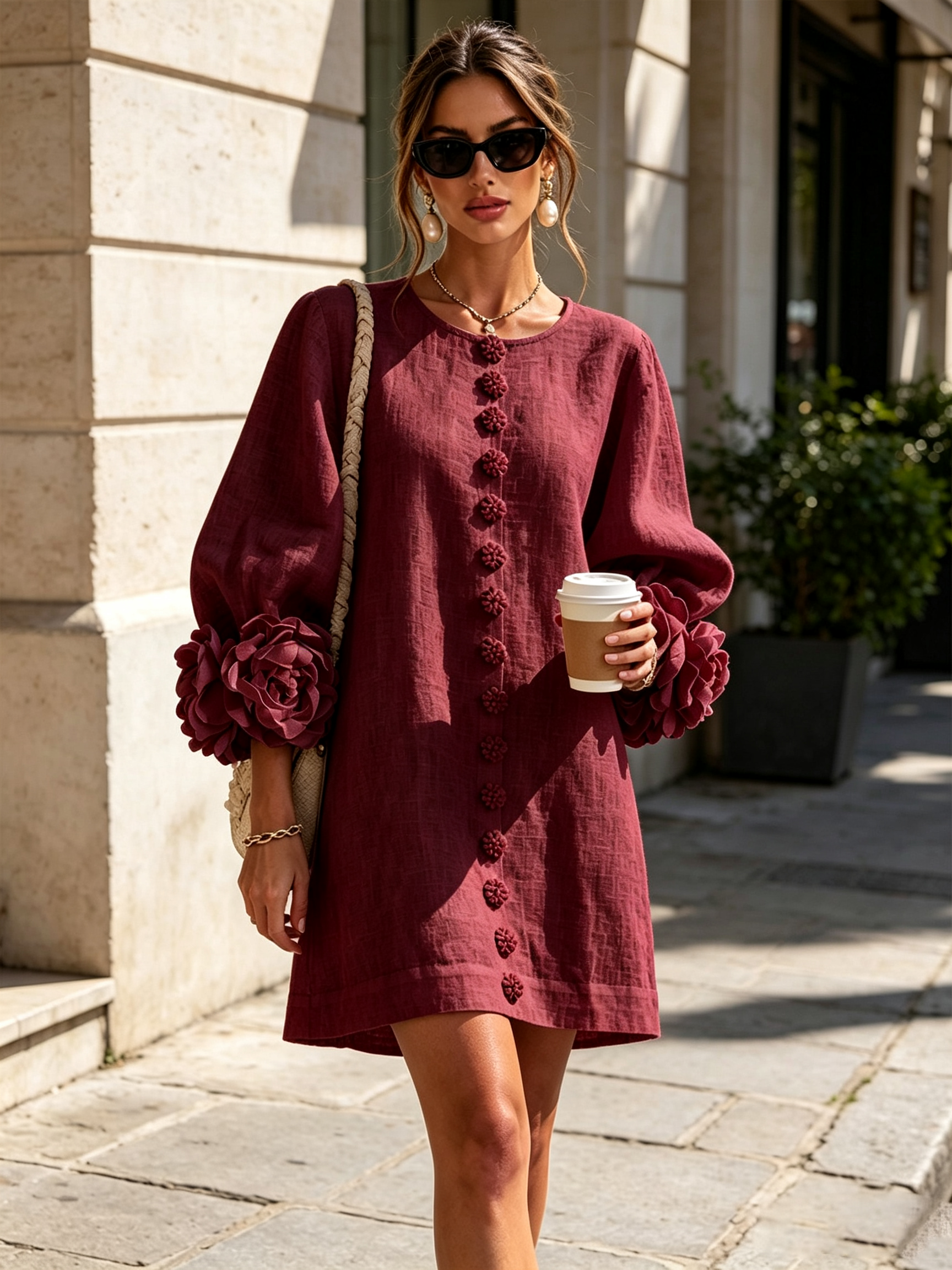 Claire | White Floral Button-down Mini Dress With Striking Floral Cuffs