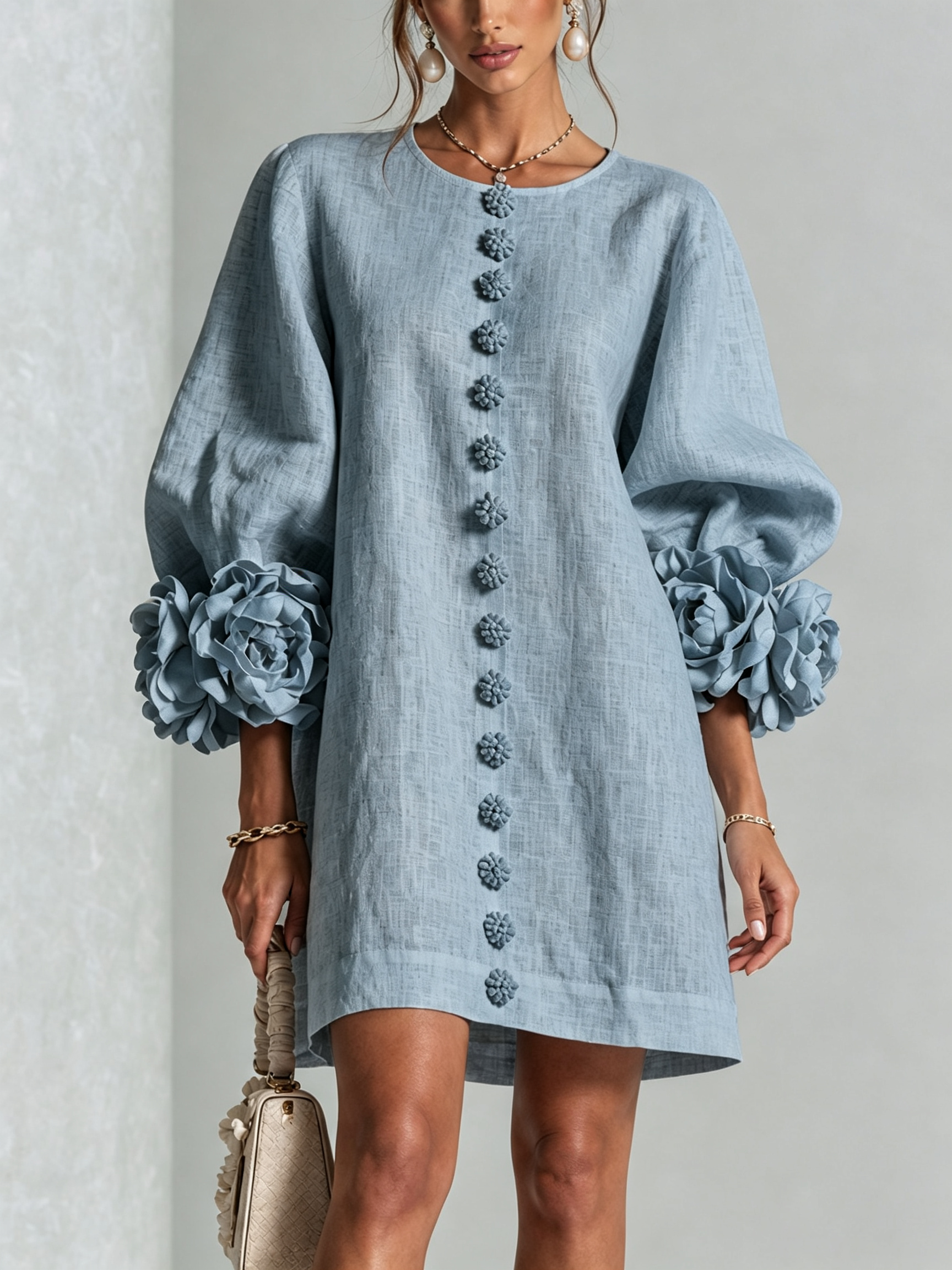 Claire | White Floral Button-down Mini Dress With Striking Floral Cuffs