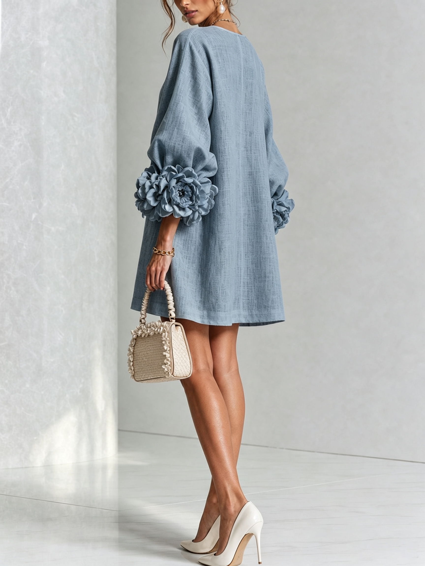 Claire | White Floral Button-down Mini Dress With Striking Floral Cuffs
