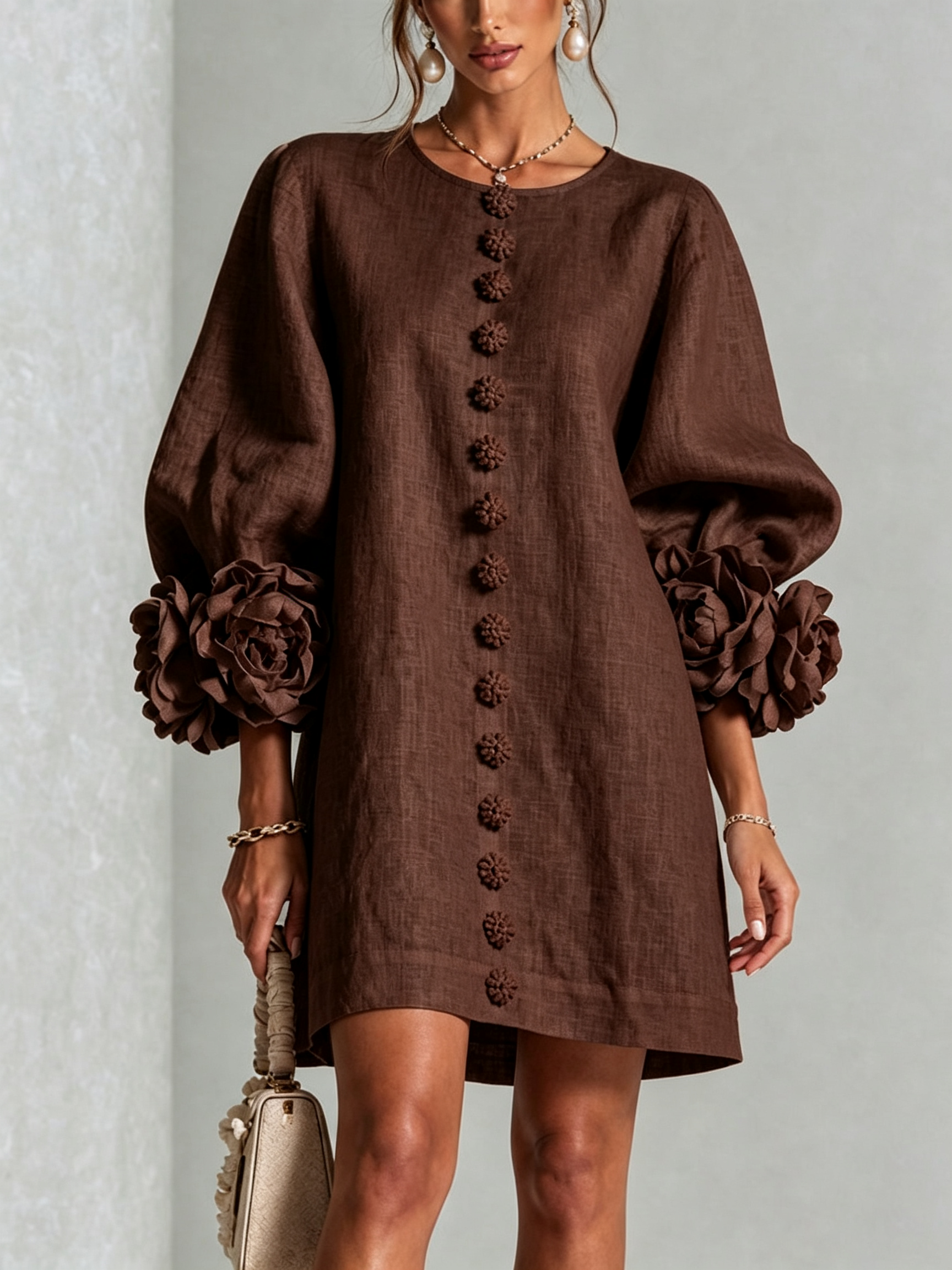 Claire | White Floral Button-down Mini Dress With Striking Floral Cuffs