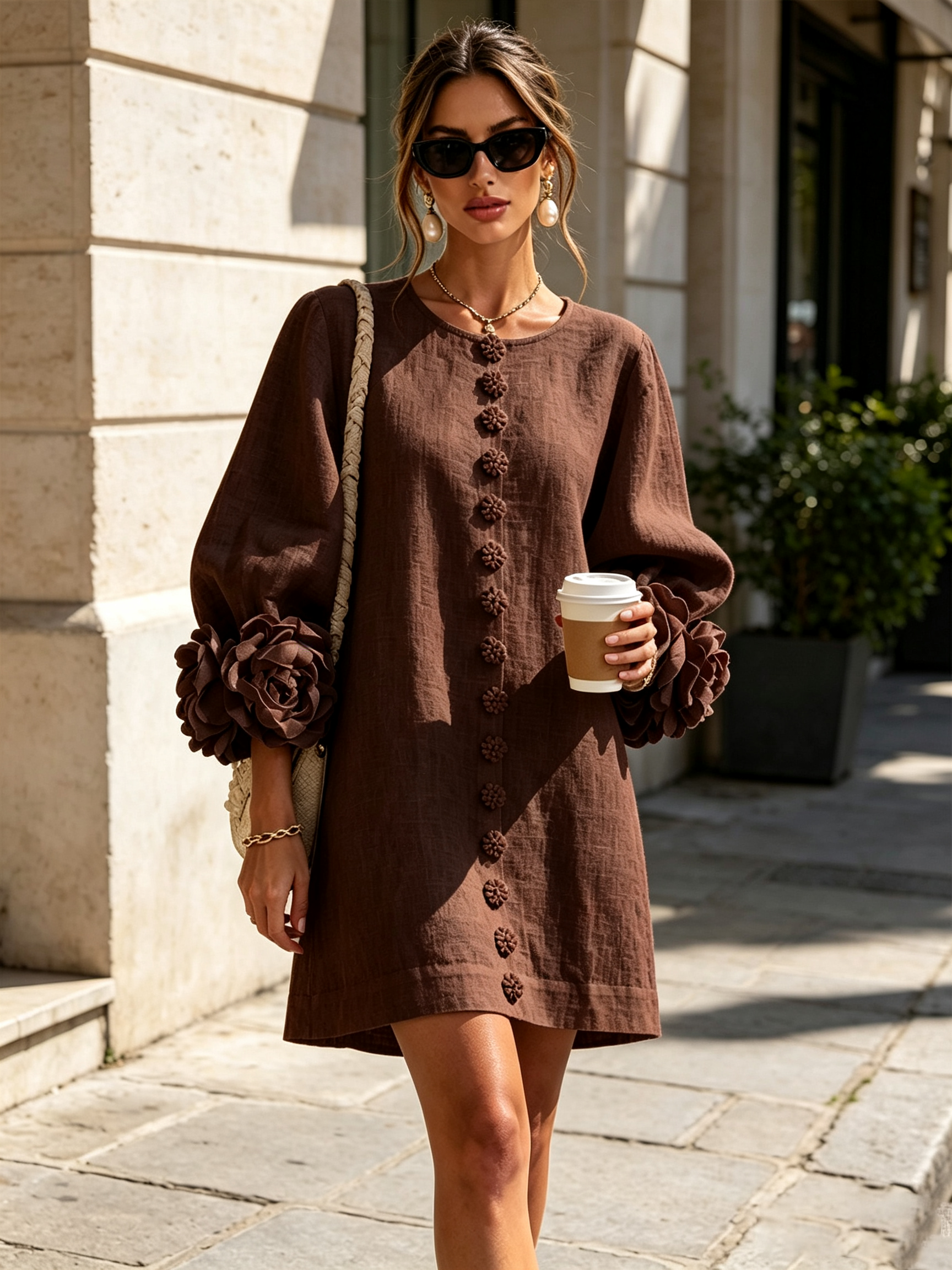 Claire | White Floral Button-down Mini Dress With Striking Floral Cuffs