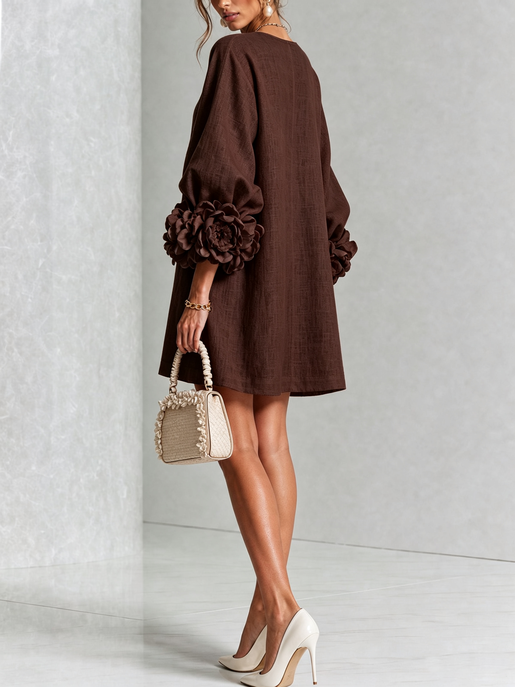 Claire | White Floral Button-down Mini Dress With Striking Floral Cuffs