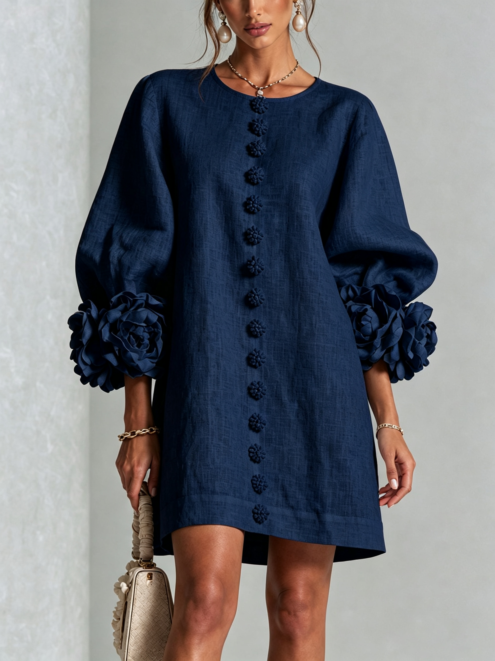 Claire | White Floral Button-down Mini Dress With Striking Floral Cuffs