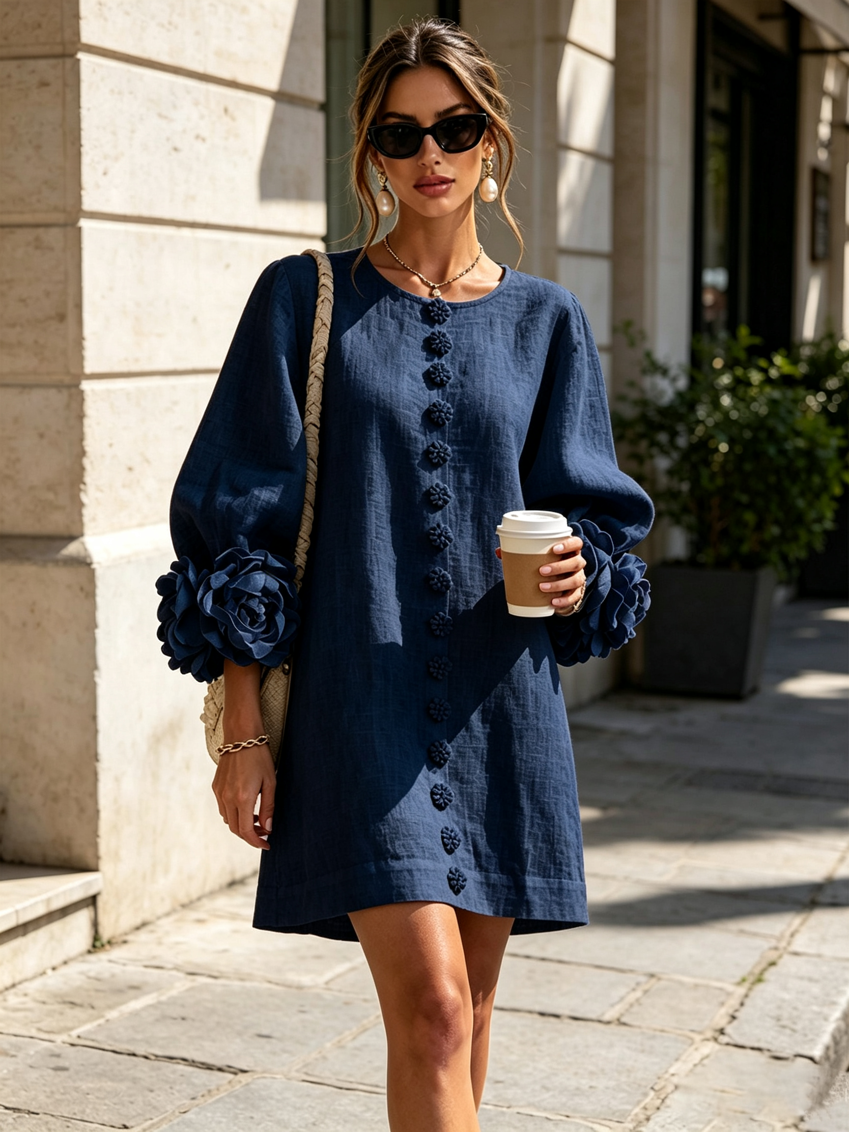 Claire | White Floral Button-down Mini Dress With Striking Floral Cuffs