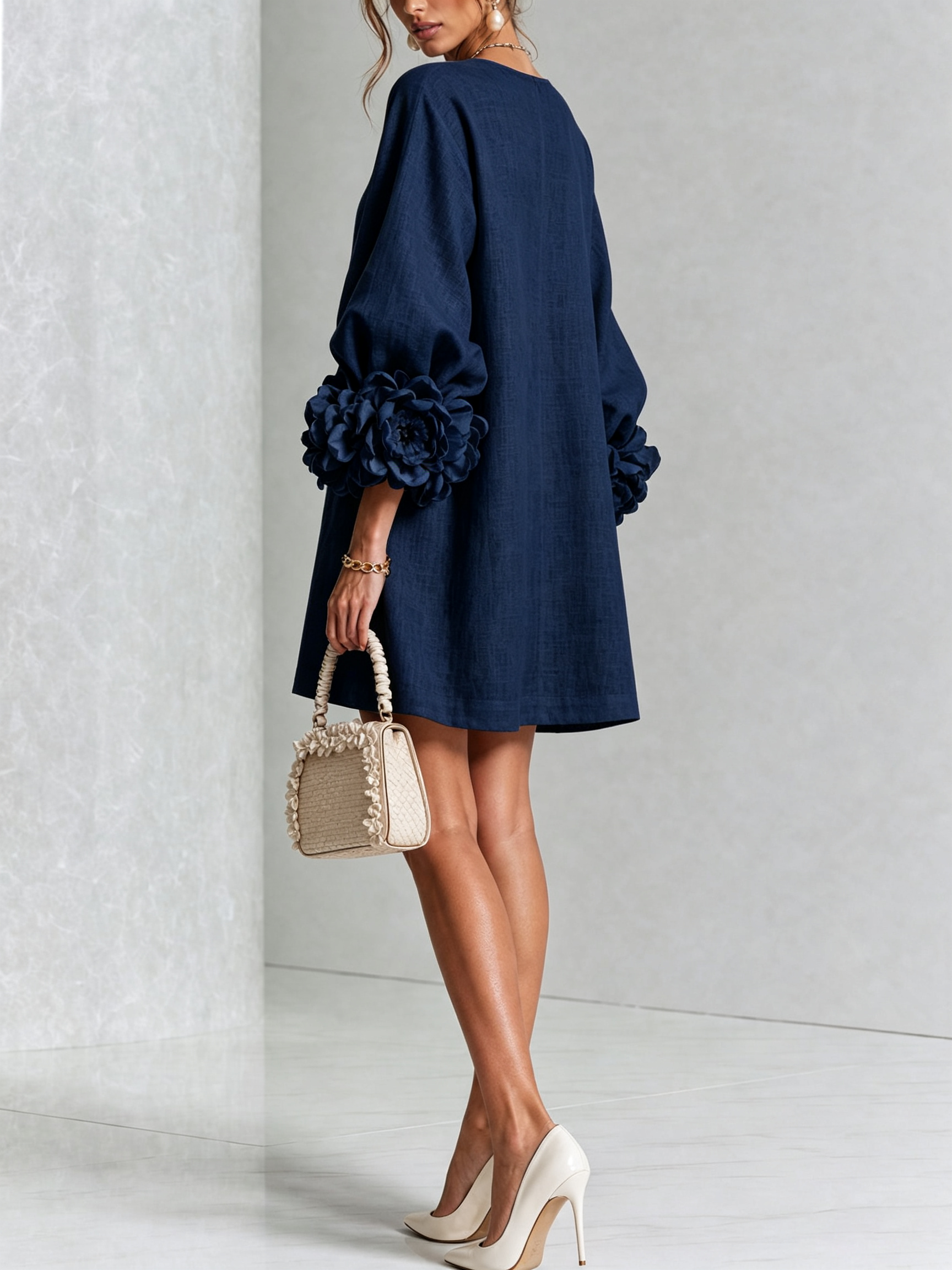 Claire | White Floral Button-down Mini Dress With Striking Floral Cuffs