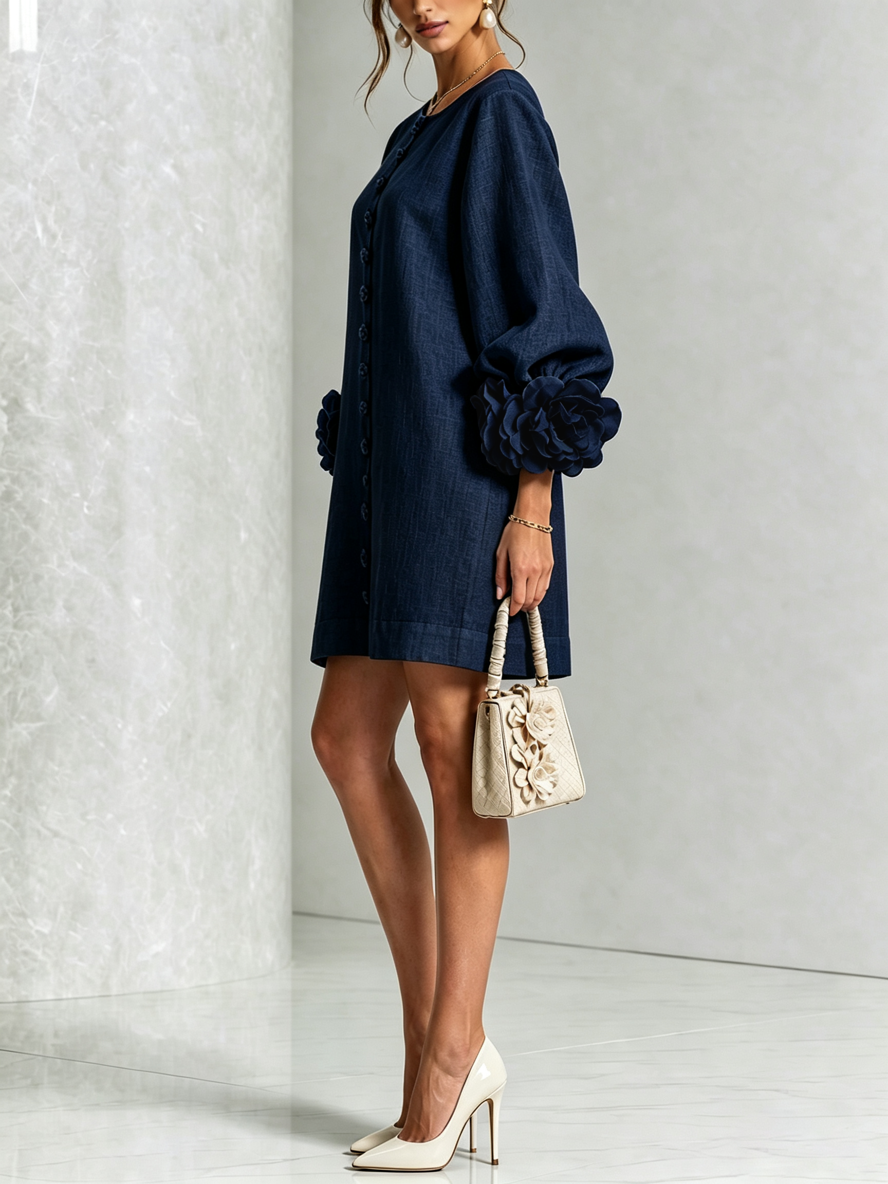 Claire | White Floral Button-down Mini Dress With Striking Floral Cuffs