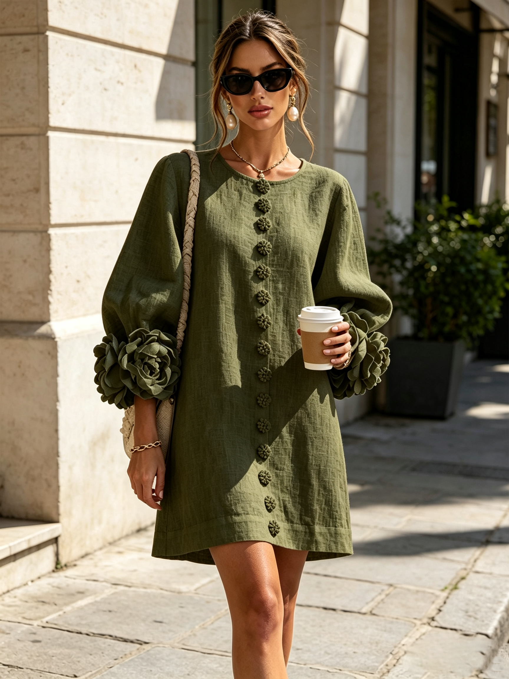 Claire | White Floral Button-down Mini Dress With Striking Floral Cuffs