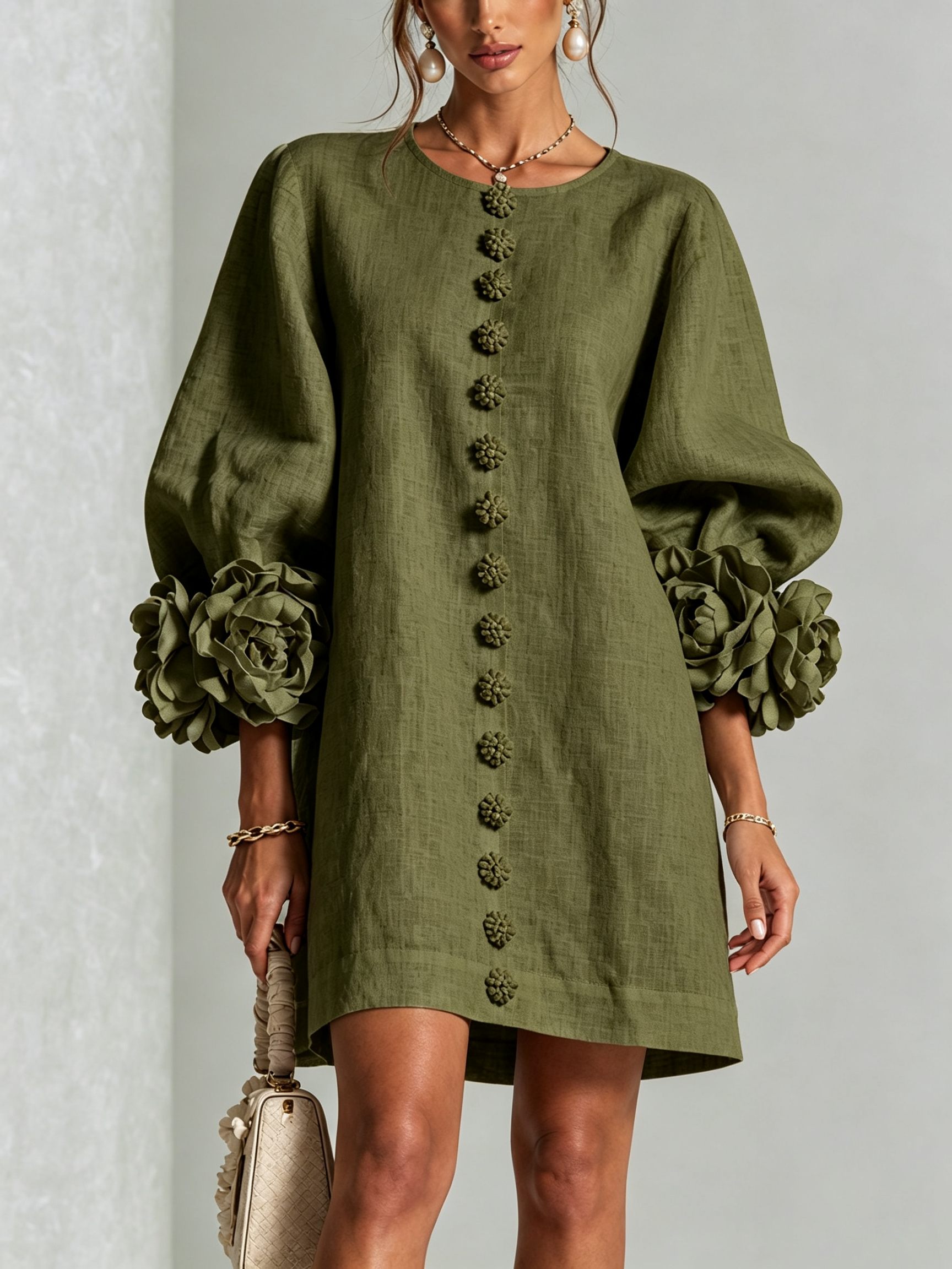 Claire | White Floral Button-down Mini Dress With Striking Floral Cuffs