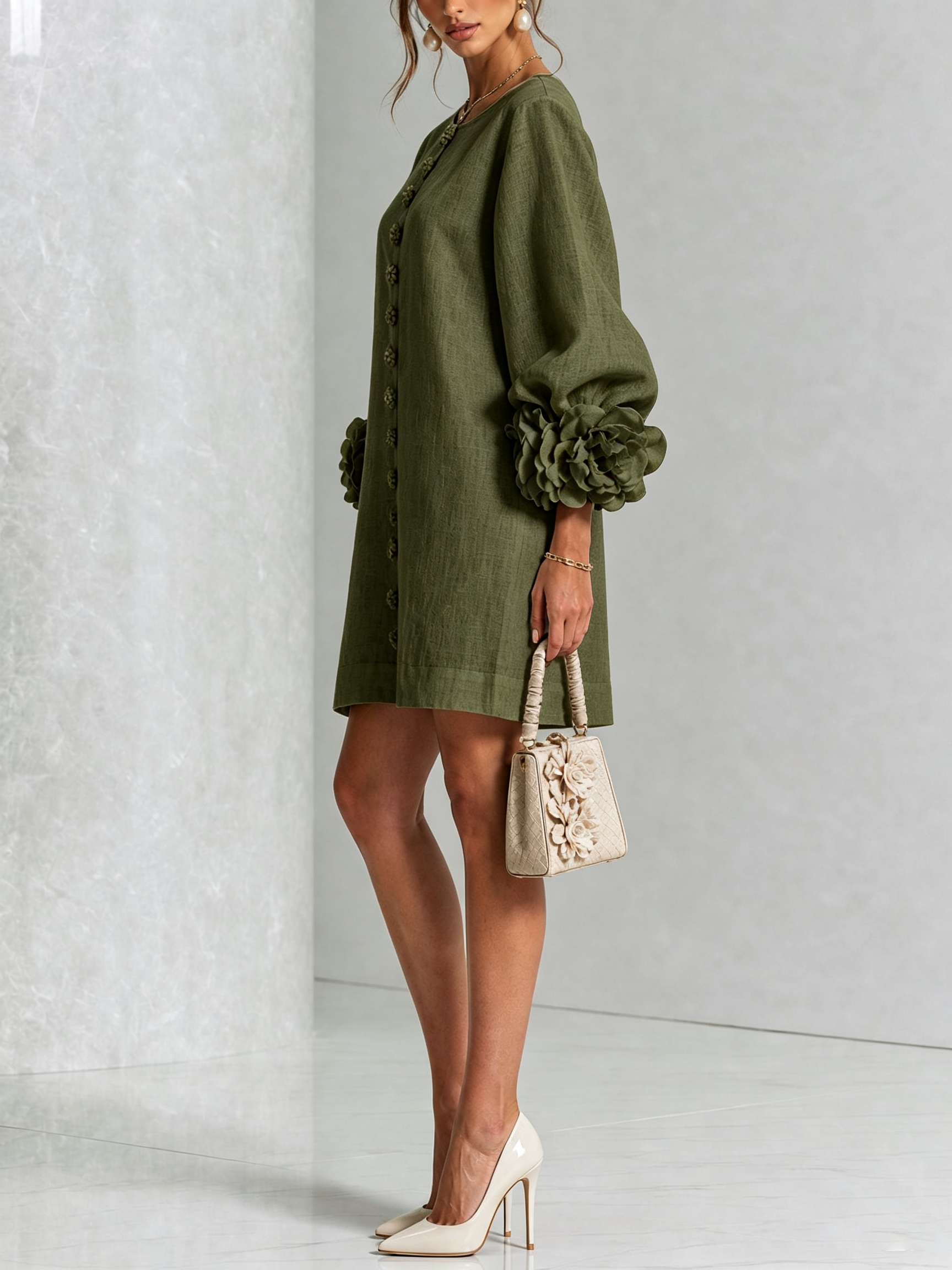 Claire | White Floral Button-down Mini Dress With Striking Floral Cuffs