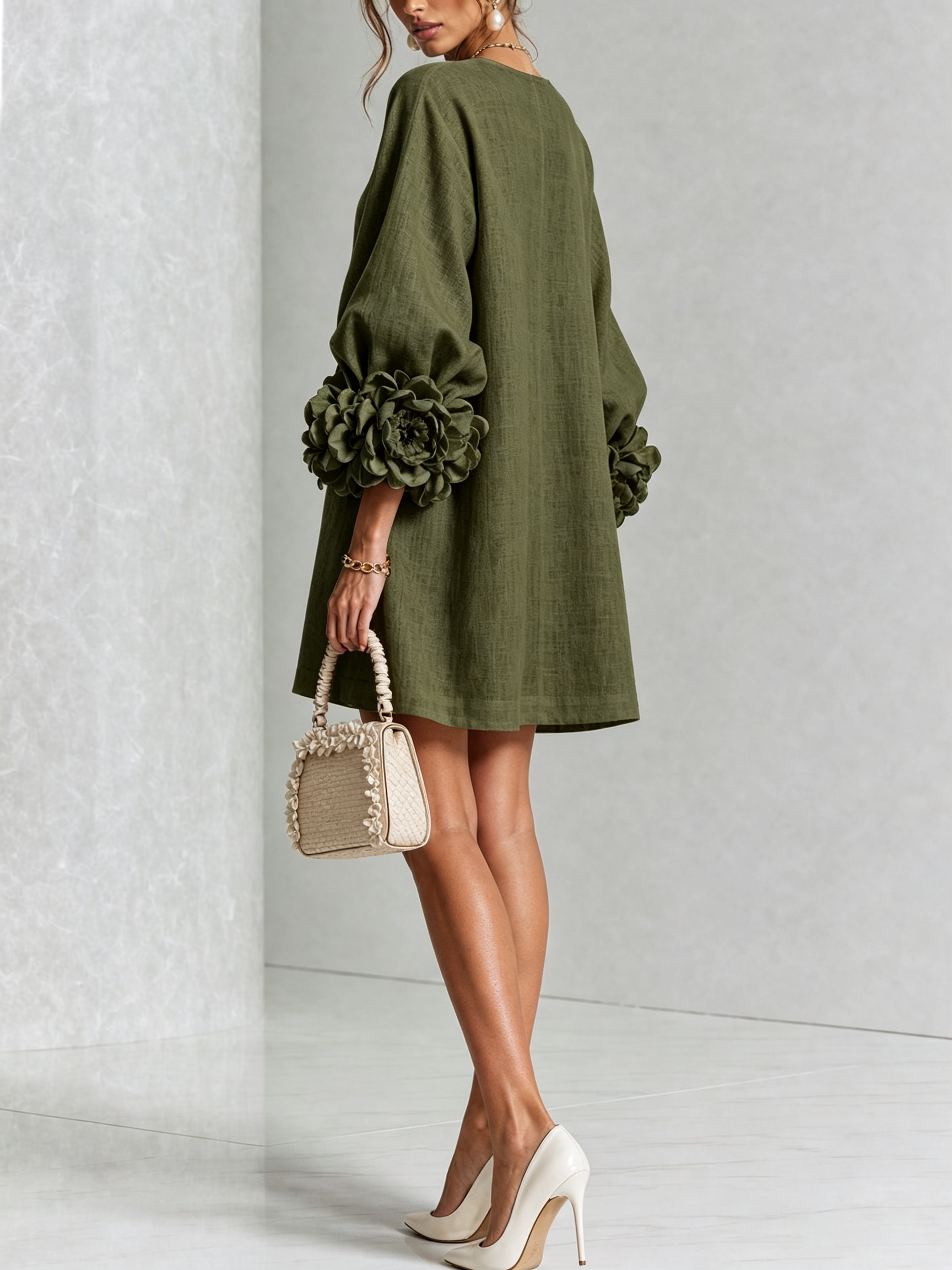 Claire | White Floral Button-down Mini Dress With Striking Floral Cuffs