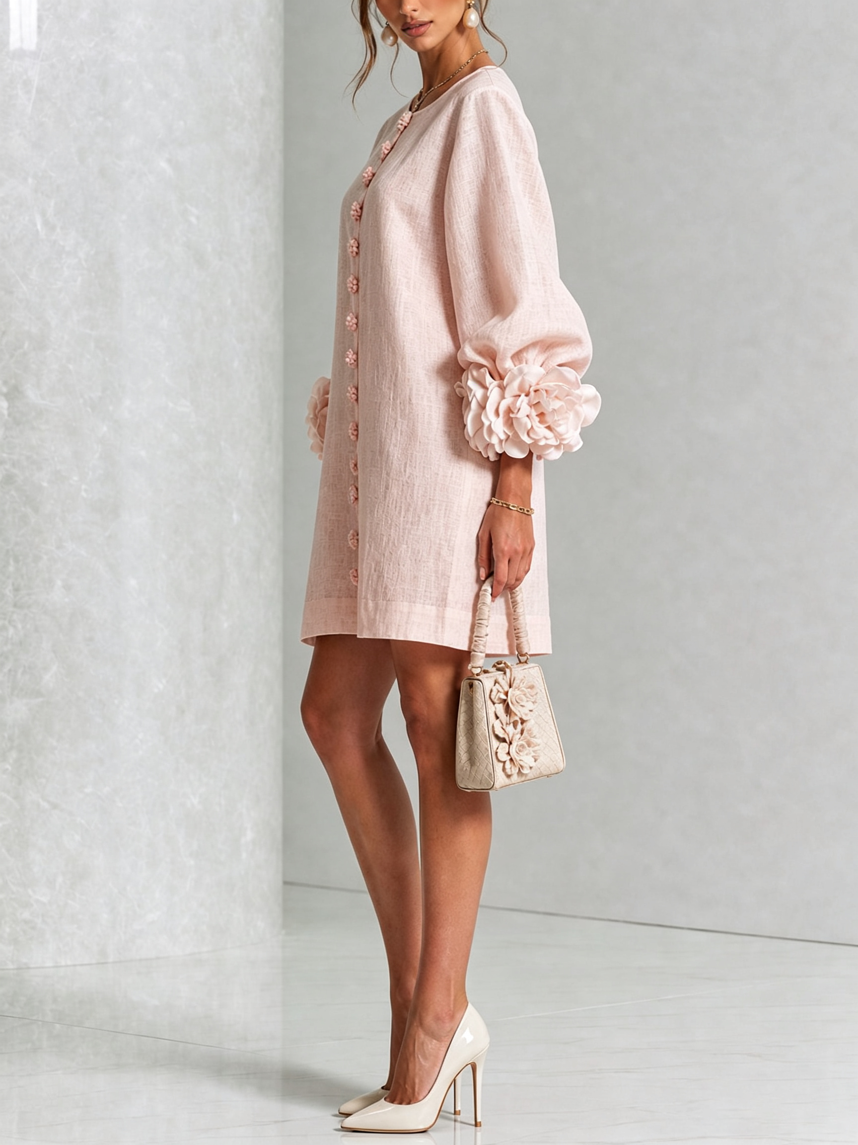 Claire | White Floral Button-down Mini Dress With Striking Floral Cuffs