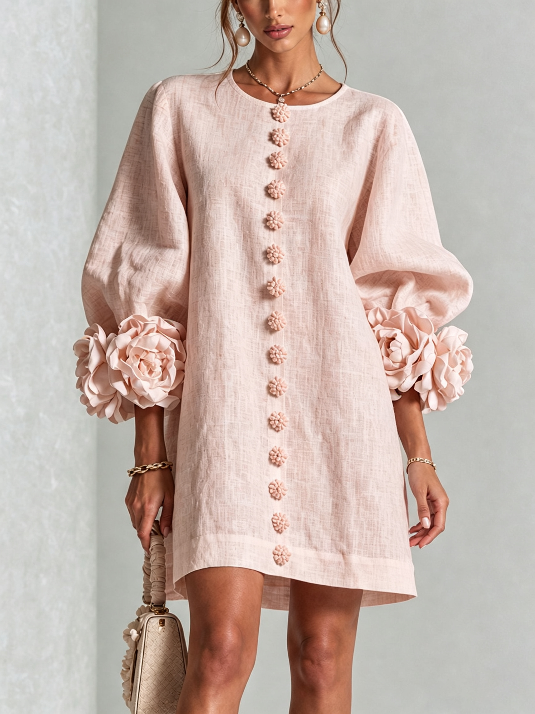 Claire | White Floral Button-down Mini Dress With Striking Floral Cuffs