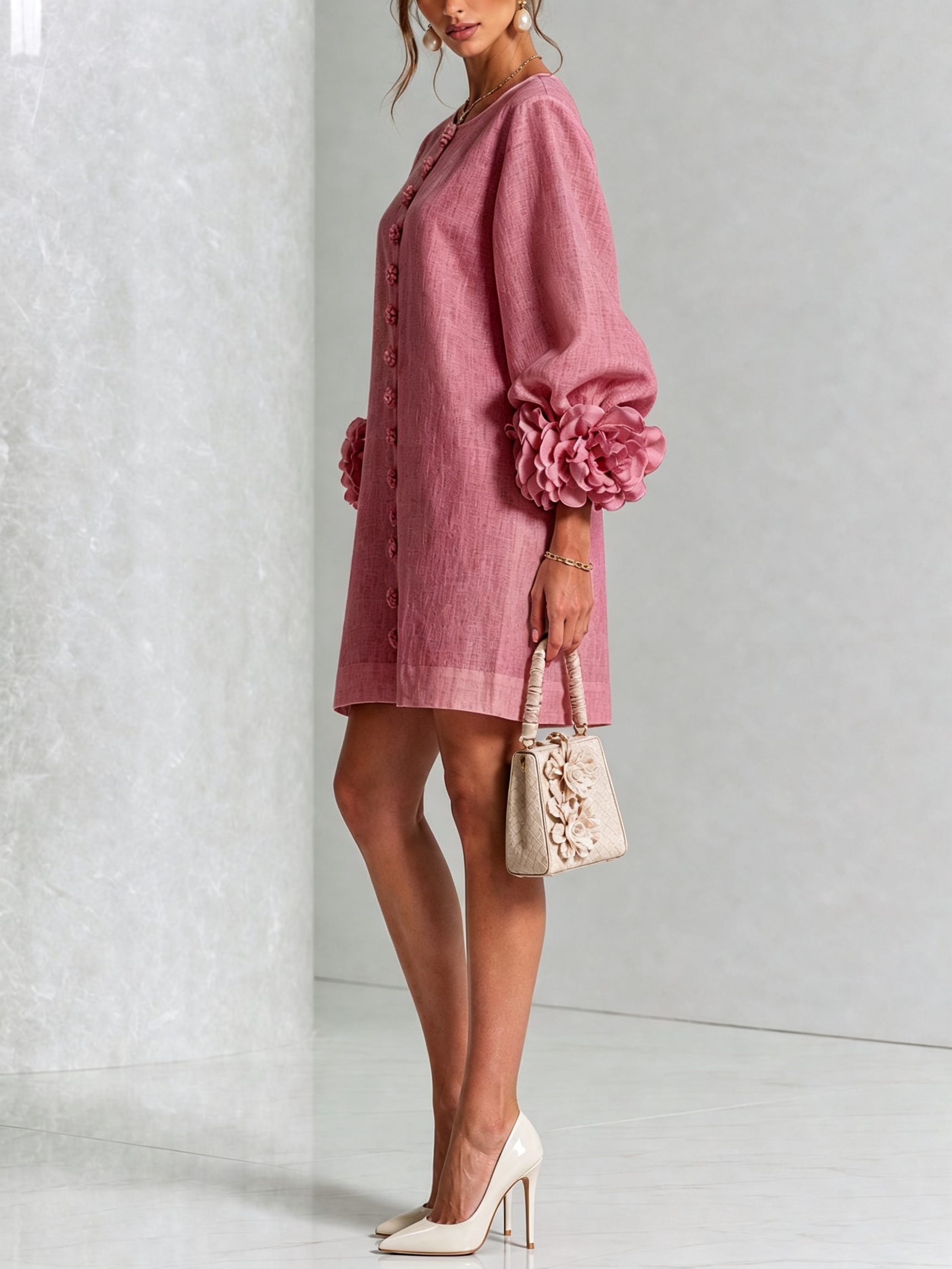 Claire | White Floral Button-down Mini Dress With Striking Floral Cuffs