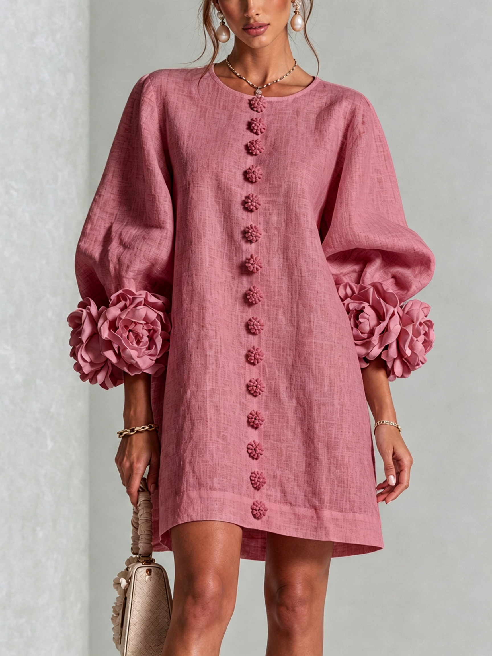 Claire | White Floral Button-down Mini Dress With Striking Floral Cuffs