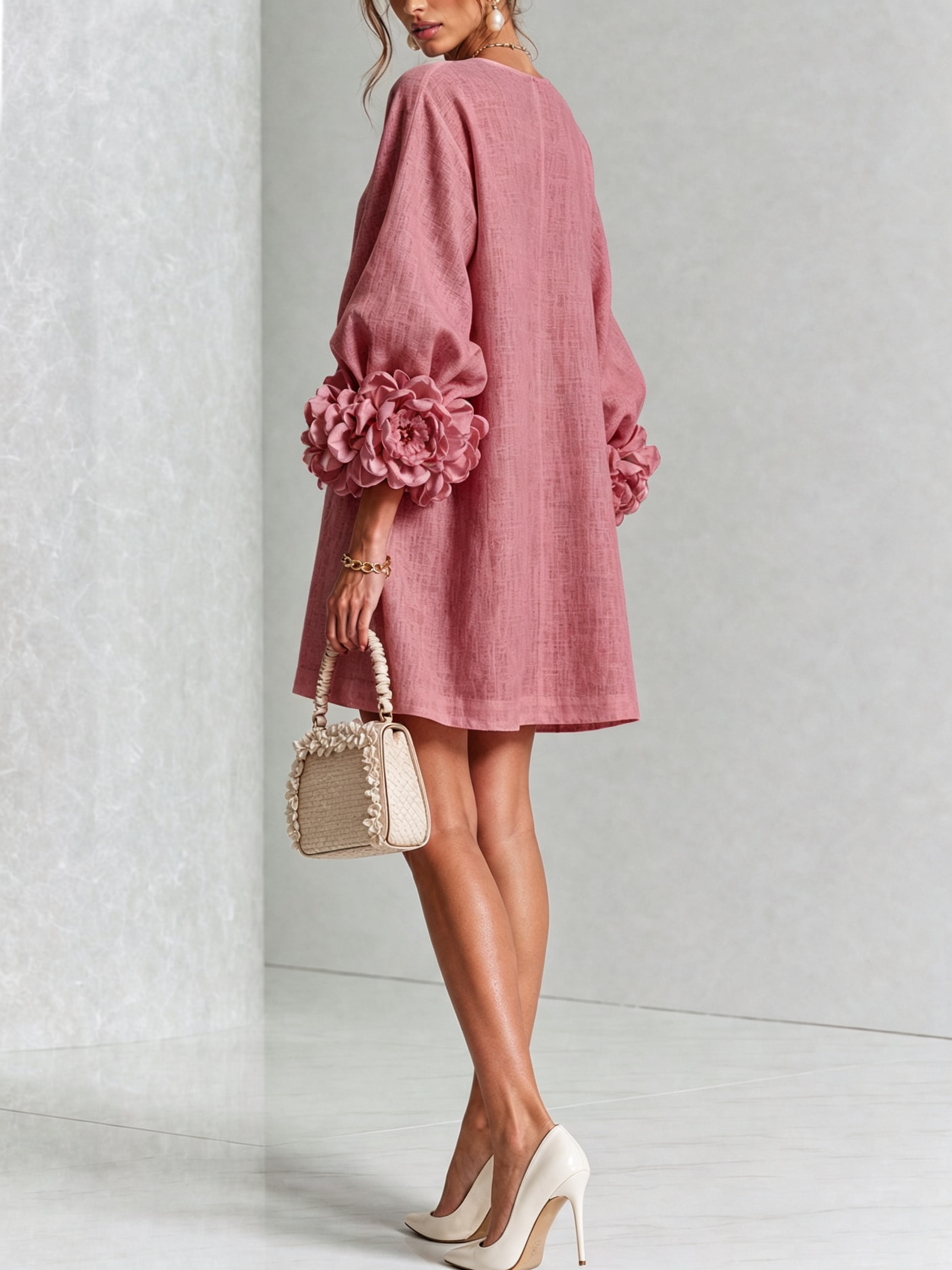 Claire | White Floral Button-down Mini Dress With Striking Floral Cuffs