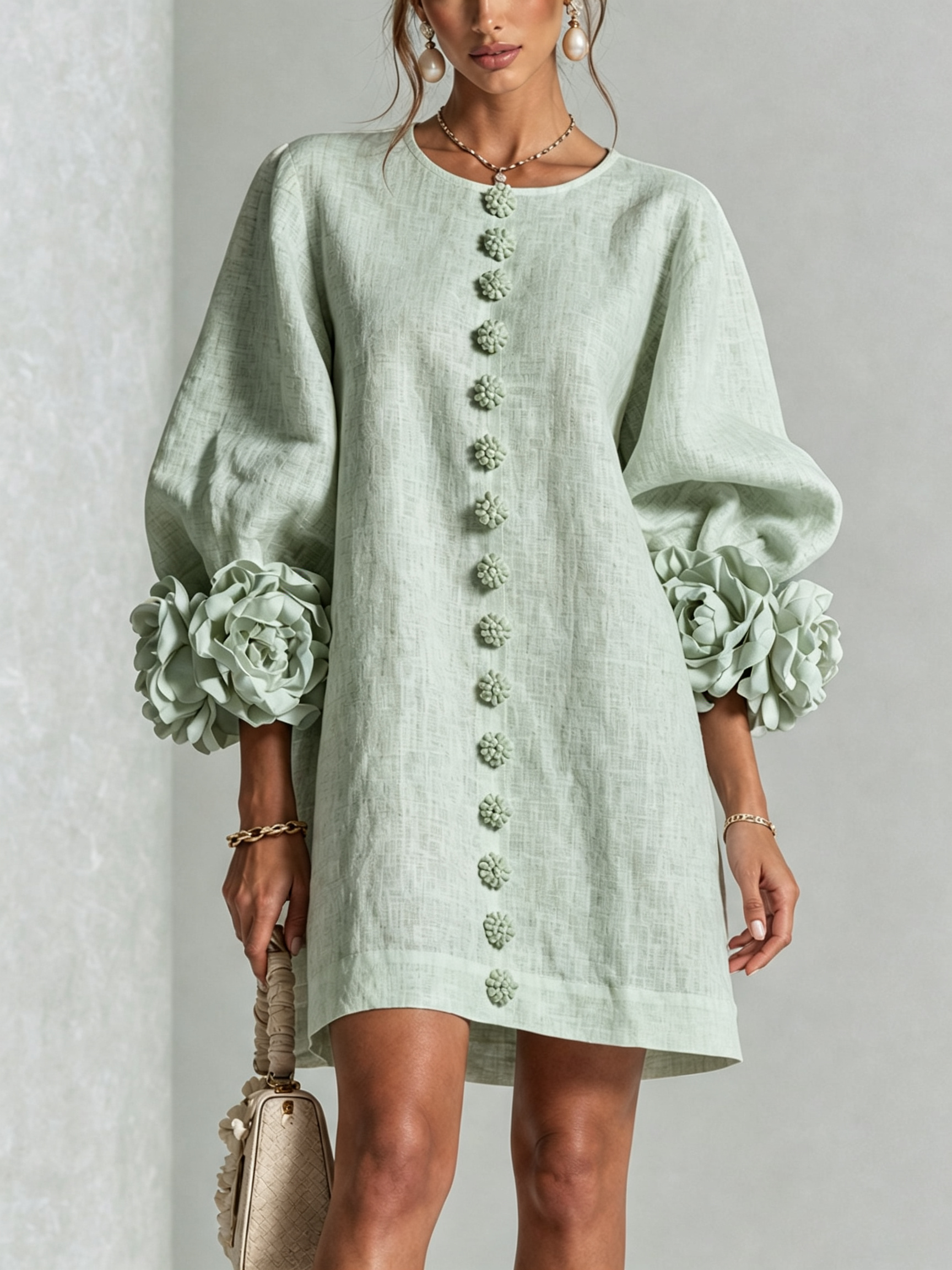 Claire | White Floral Button-down Mini Dress With Striking Floral Cuffs