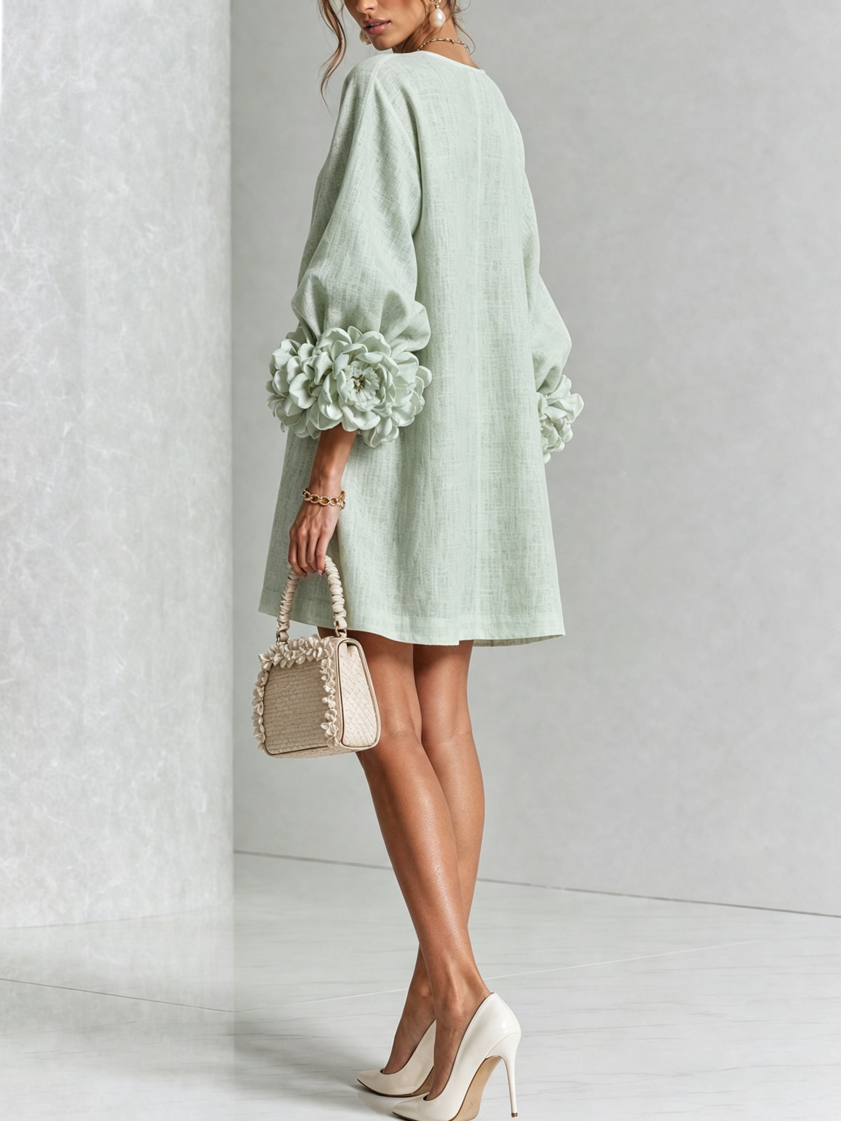 Claire | White Floral Button-down Mini Dress With Striking Floral Cuffs