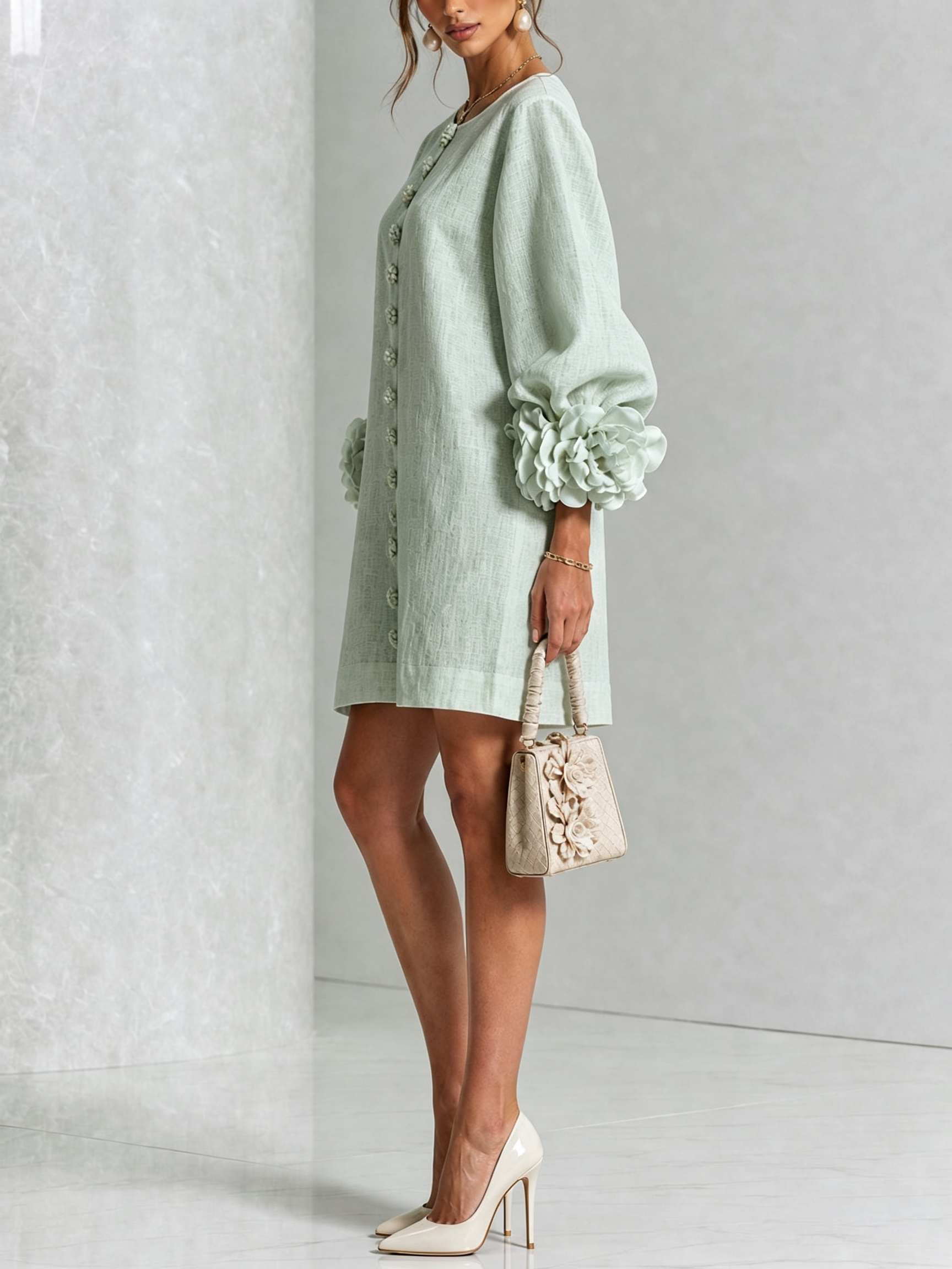 Claire | White Floral Button-down Mini Dress With Striking Floral Cuffs
