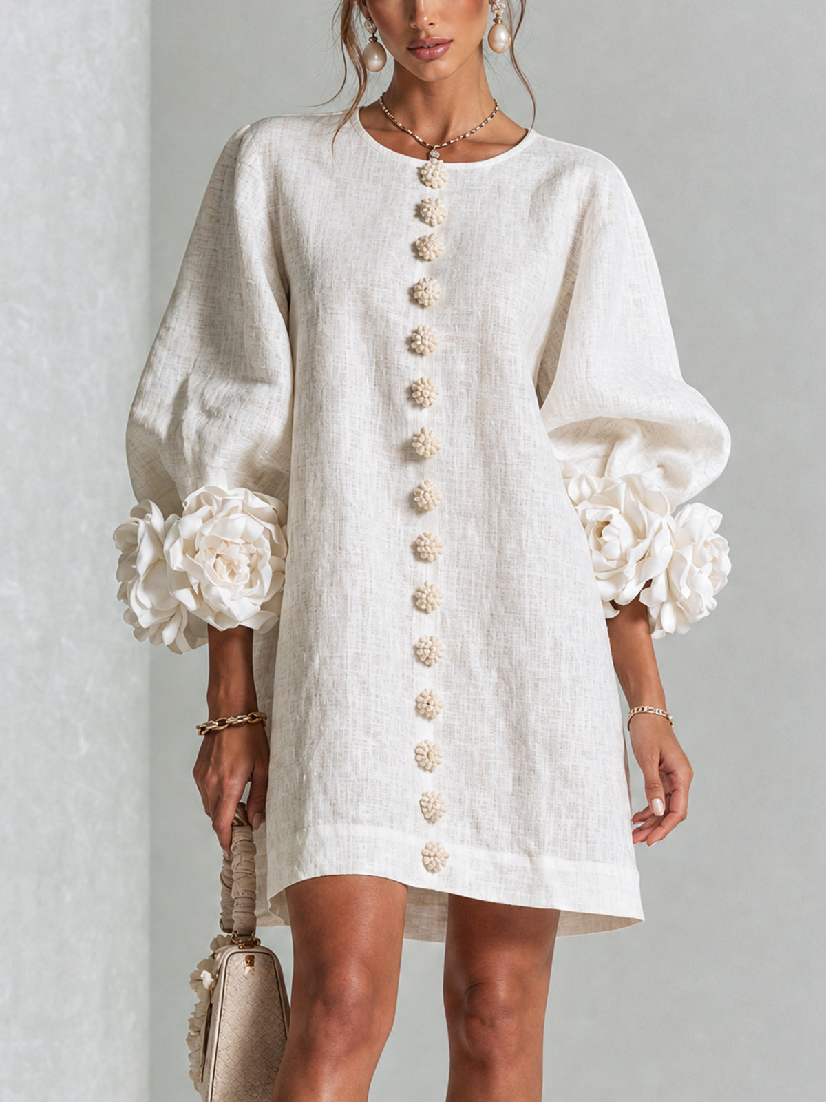 Claire | White Floral Button-down Mini Dress With Striking Floral Cuffs