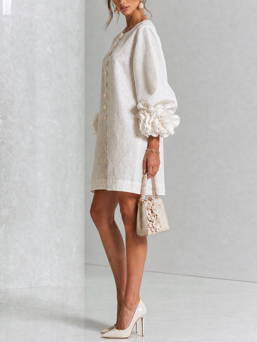 Claire | White Floral Button-down Mini Dress With Striking Floral Cuffs