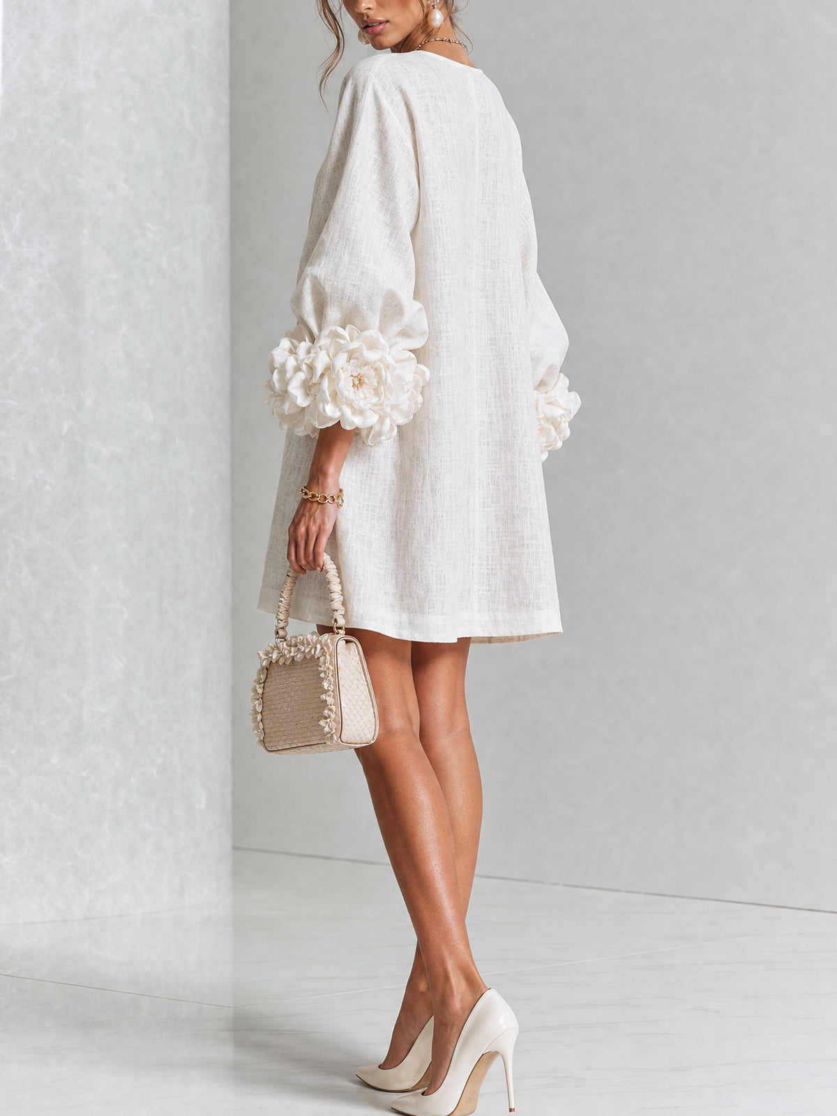 Claire | White Floral Button-down Mini Dress With Striking Floral Cuffs