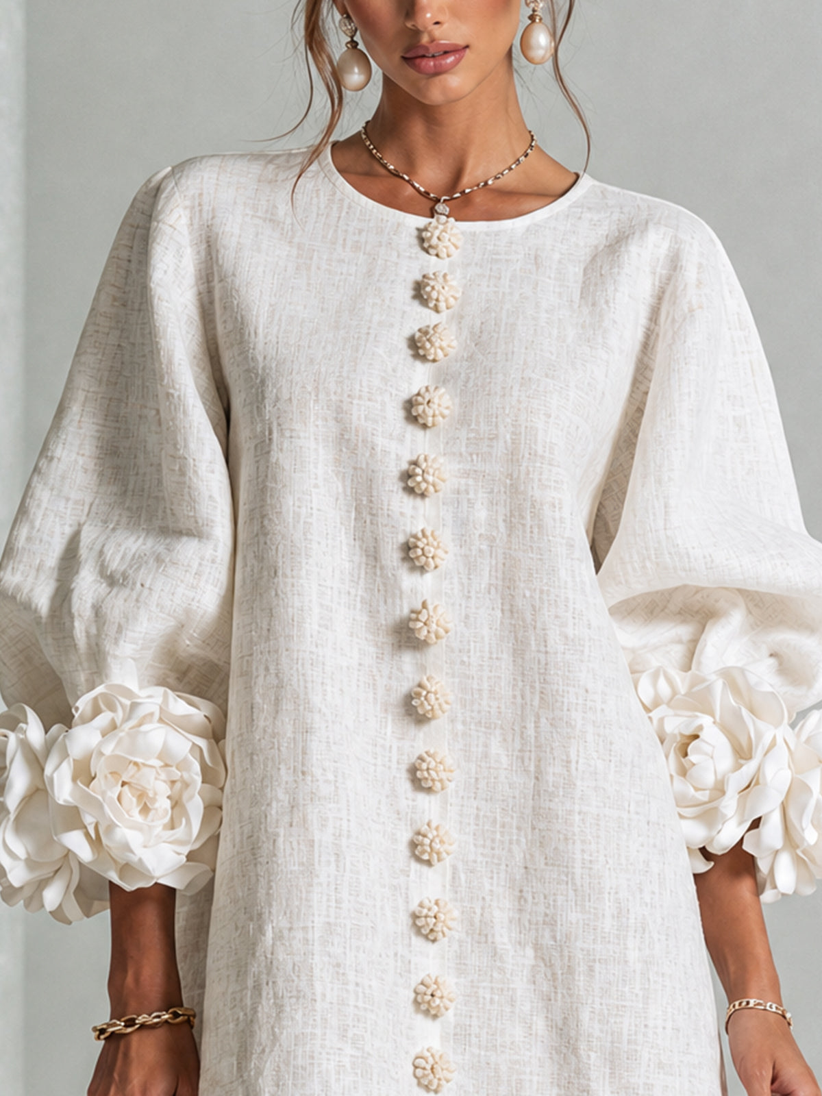 Claire | White Floral Button-down Mini Dress With Striking Floral Cuffs