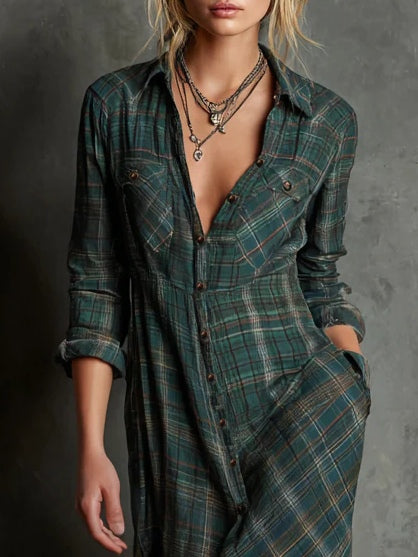 Celine | Green Plaid Lapel Single-Breasted Shirt Long Dress
