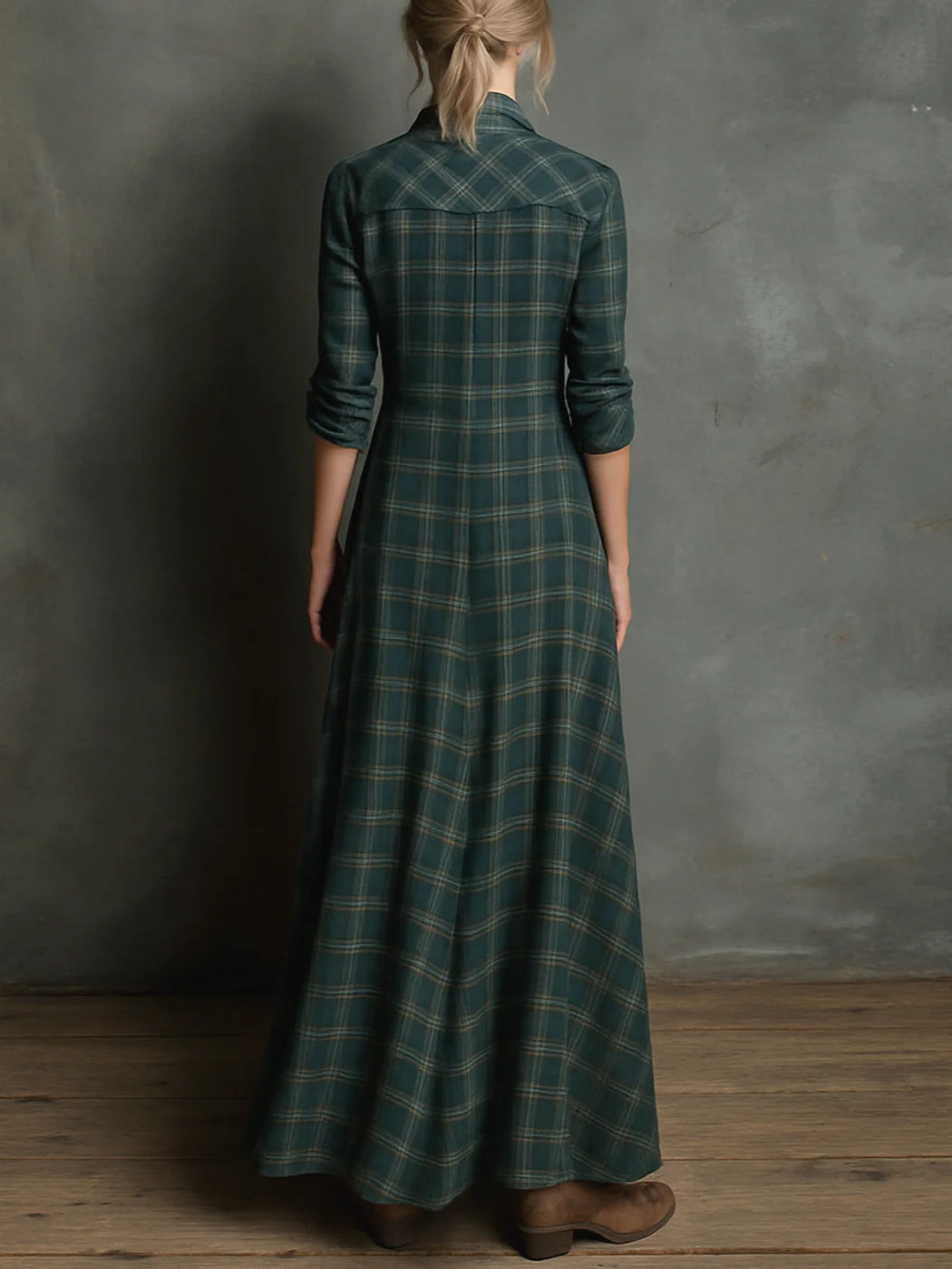 Celine | Green Plaid Lapel Single-Breasted Shirt Long Dress