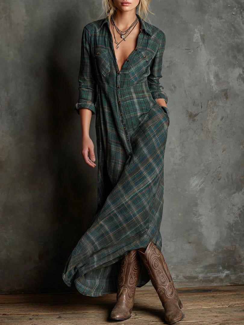 Celine | Green Plaid Lapel Single-Breasted Shirt Long Dress