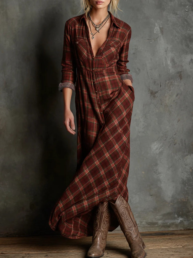 Celine | Green Plaid Lapel Single-Breasted Shirt Long Dress