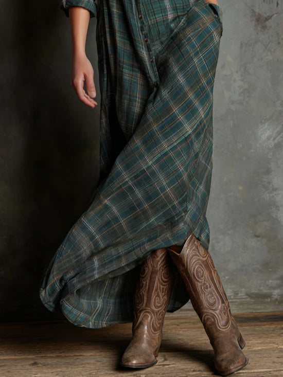 Celine | Green Plaid Lapel Single-Breasted Shirt Long Dress