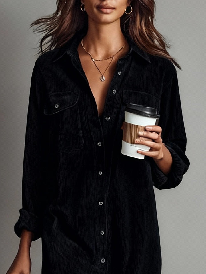 Rosa | Loose Corduroy Double Chest Pocket Single Breasted Midi Dress
