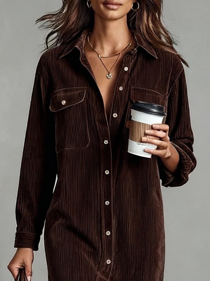 Rosa | Loose Corduroy Double Chest Pocket Single Breasted Midi Dress