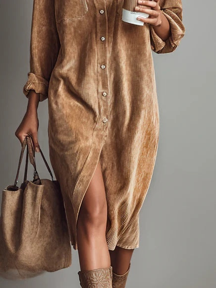 Rosa | Loose Corduroy Double Chest Pocket Single Breasted Midi Dress