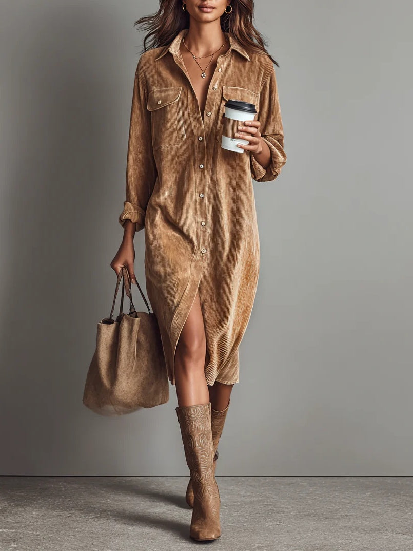 Rosa | Loose Corduroy Double Chest Pocket Single Breasted Midi Dress