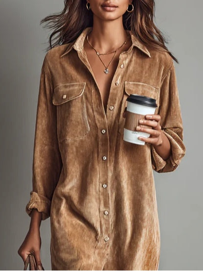 Rosa | Loose Corduroy Double Chest Pocket Single Breasted Midi Dress