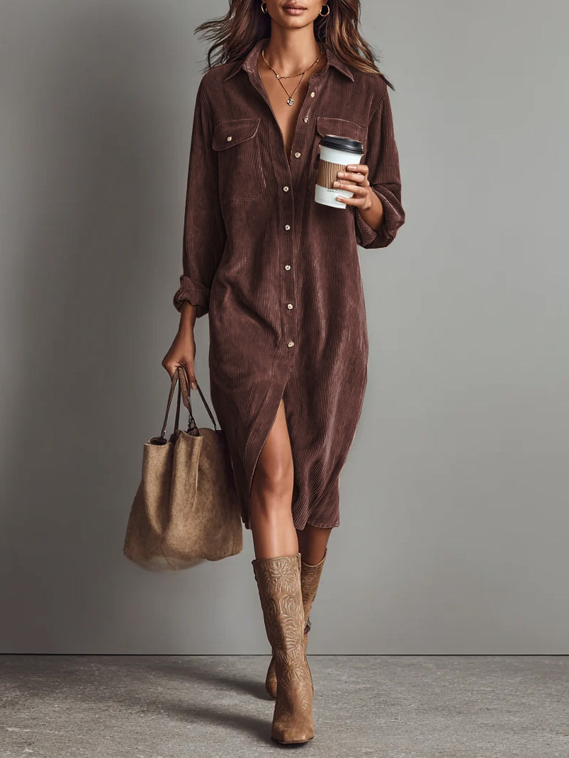 Rosa | Loose Corduroy Double Chest Pocket Single Breasted Midi Dress
