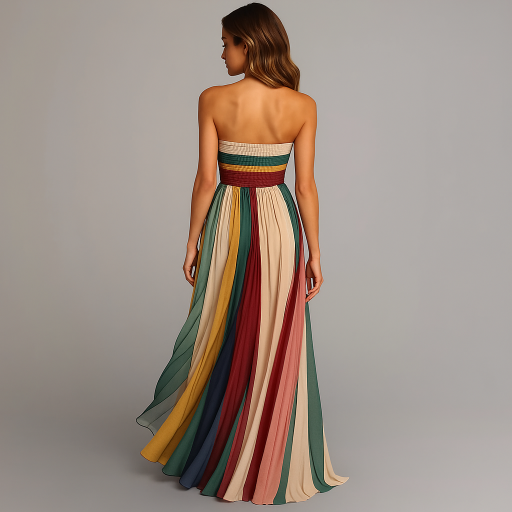 Judith | Women's Strapless Colorful Pleated Summer Maxi Dress Strapless