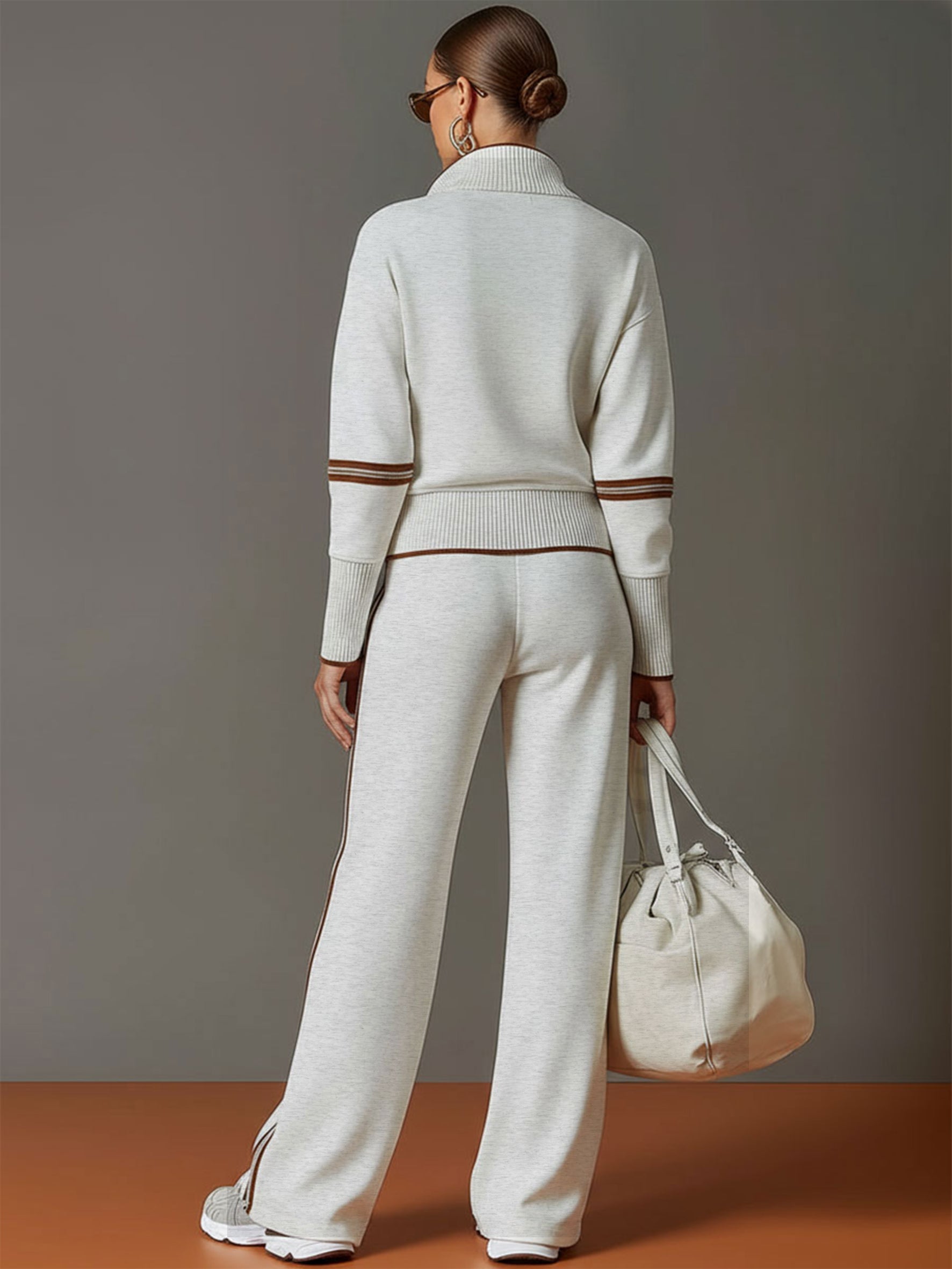 Eva | Retro Sporty Webbing Grey-white Half-zip Sweatshirt And Wide-leg Pants Set