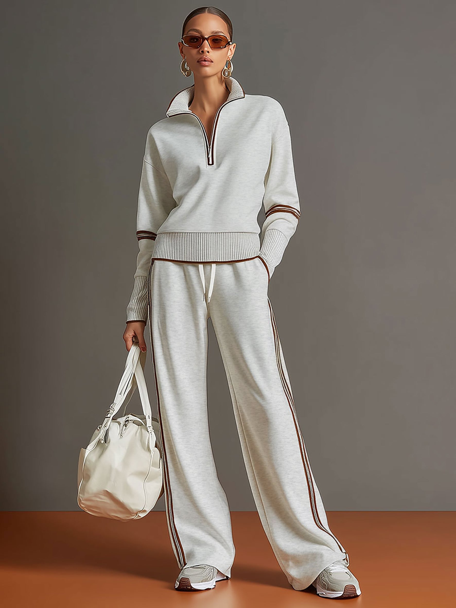 Eva | Retro Sporty Webbing Grey-white Half-zip Sweatshirt And Wide-leg Pants Set