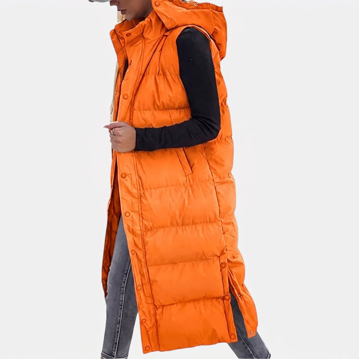 Ciara | Women's Puffer Vest Quilted Hooded Maxi Length Button Down