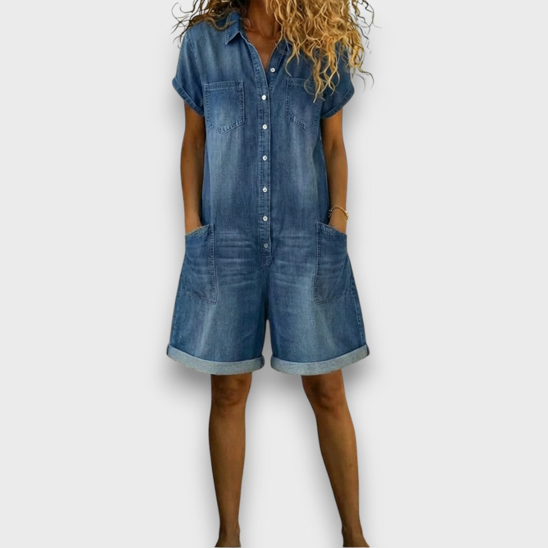 Saylor | Retro-Inspired Short Denim Look Cotton Overalls