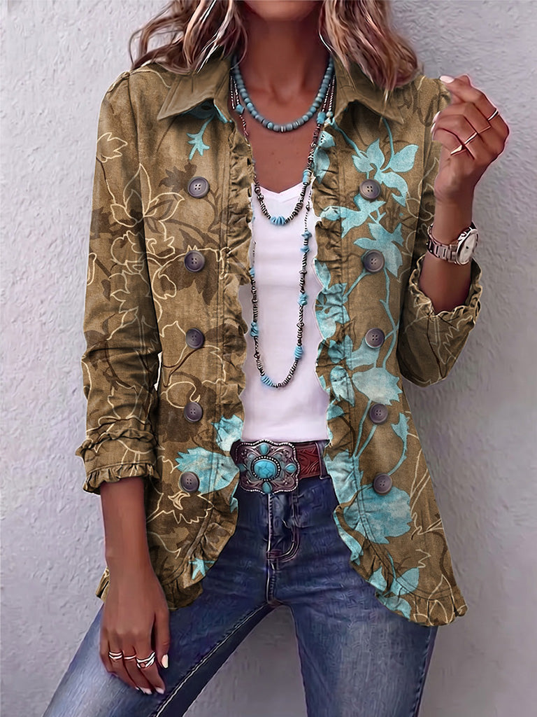 Sundara™ | Vintage Floral Ruffle Jacket with Boho Gradient Design