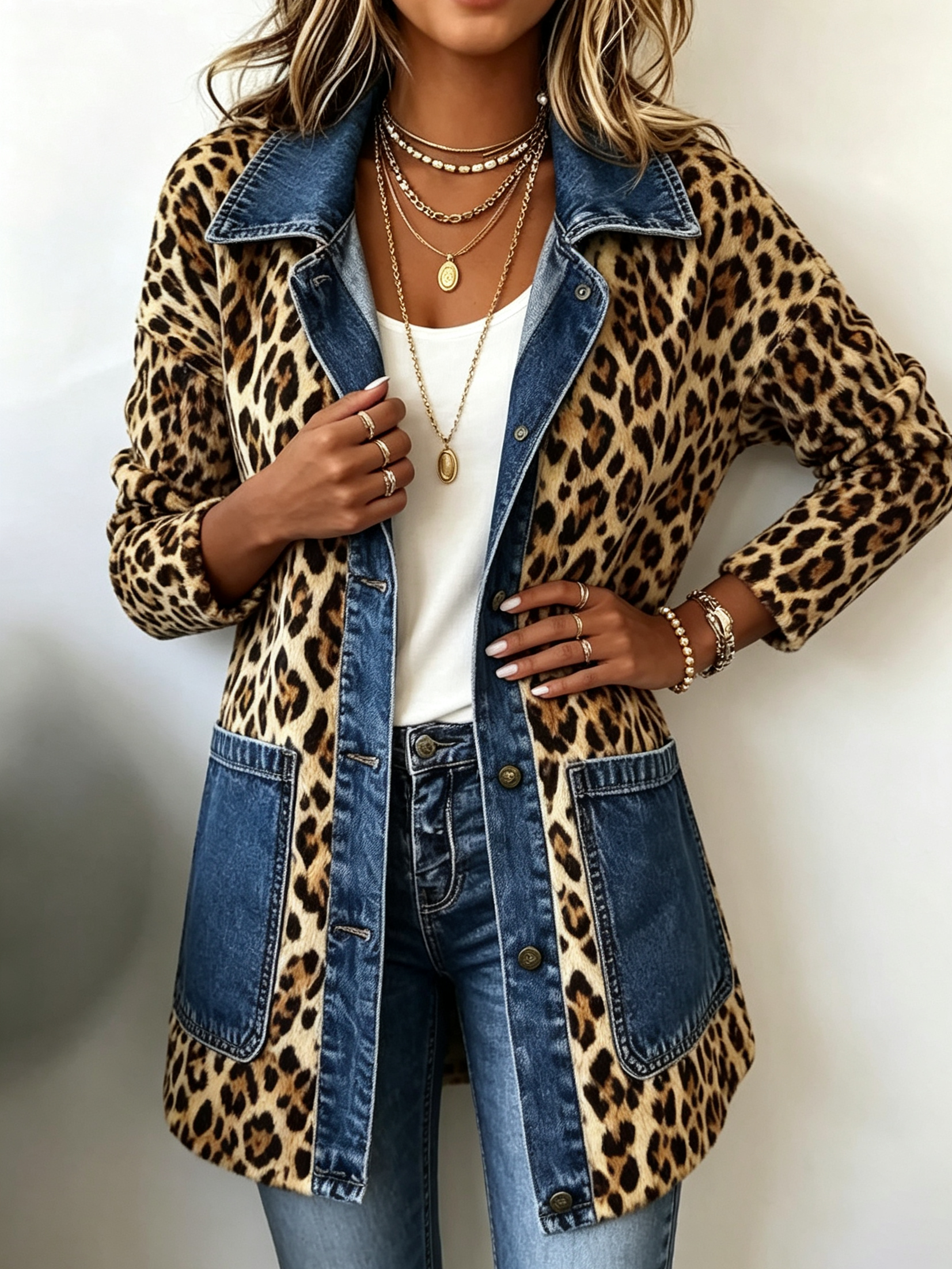 Fablenne™ | Longline Jacket with Leopard Print Denim Panels