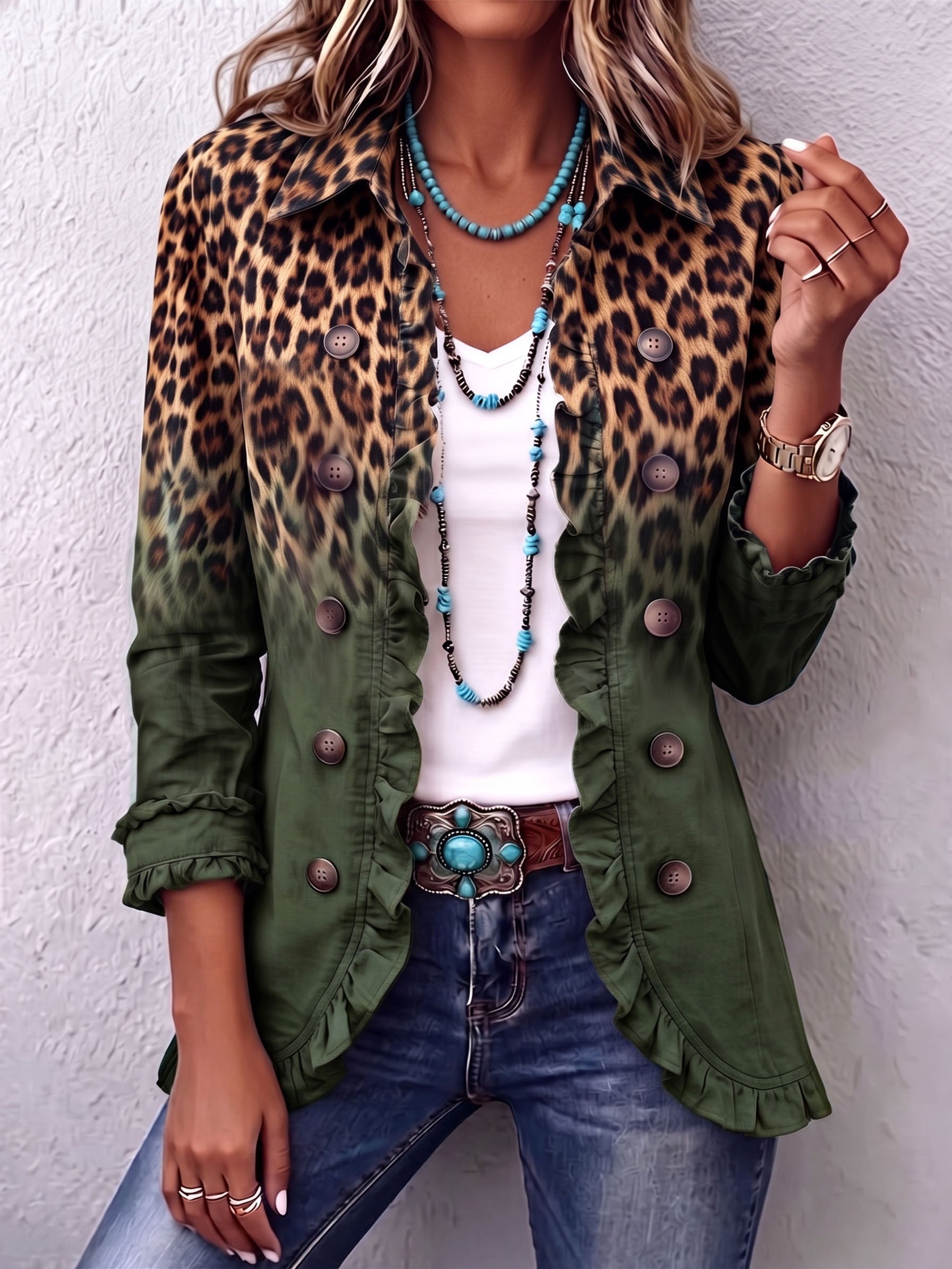 Elspeth™ Leopard Ombre Ruffled Blazer Jacket